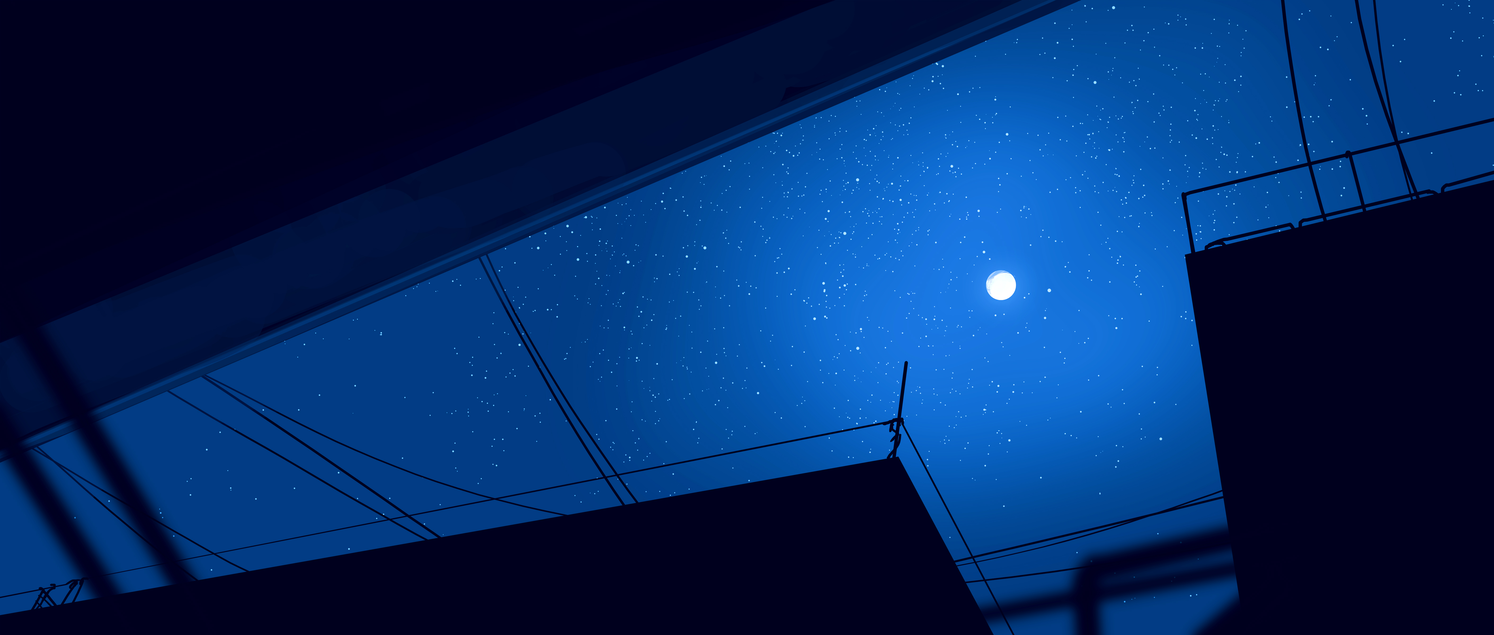 Minimalist Night Sky with Moon and Rooftop Silhouettes HD Wallpaper