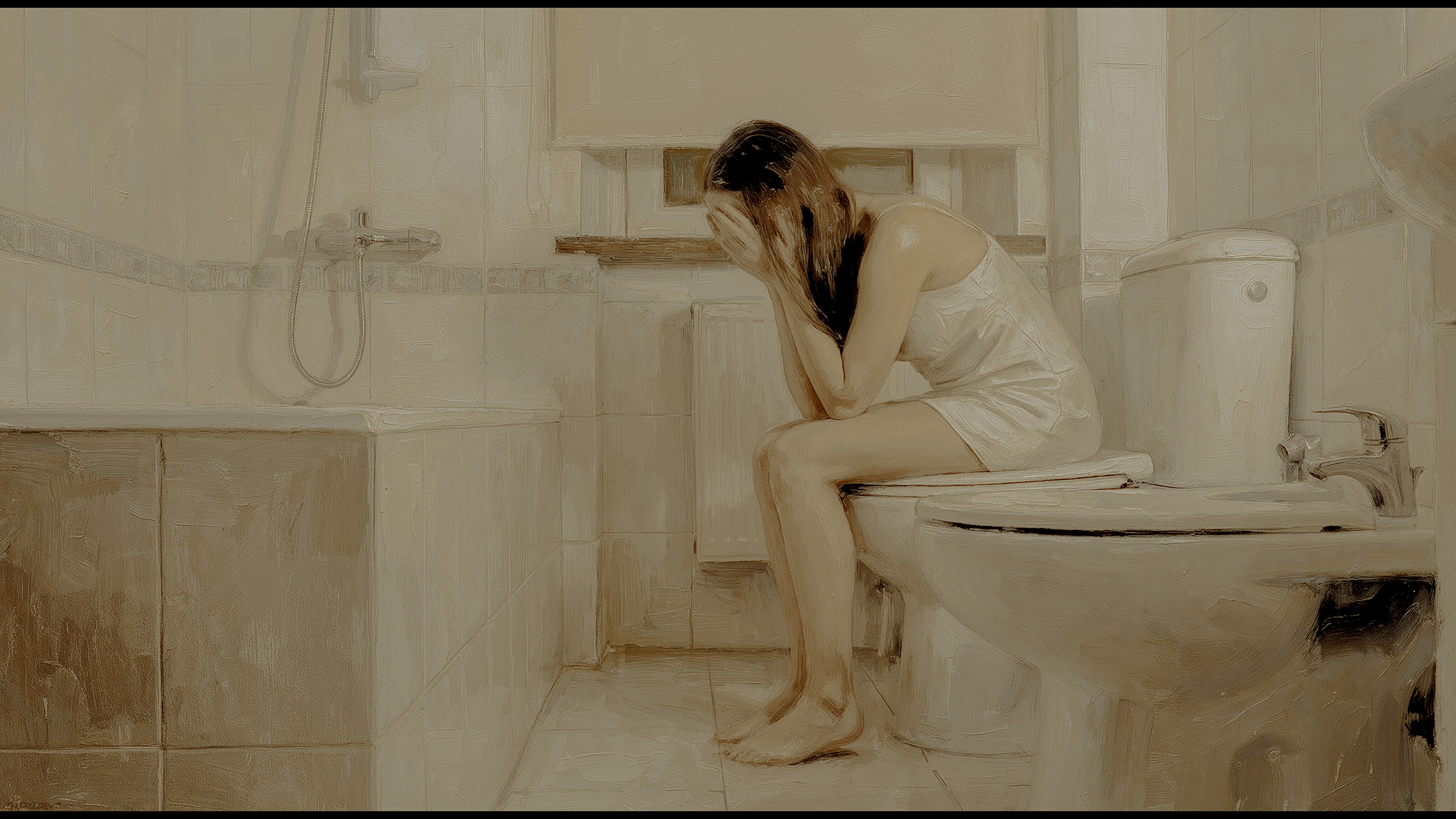 Oil Painting of a Sad Woman in a Bathroom HD Wallpaper