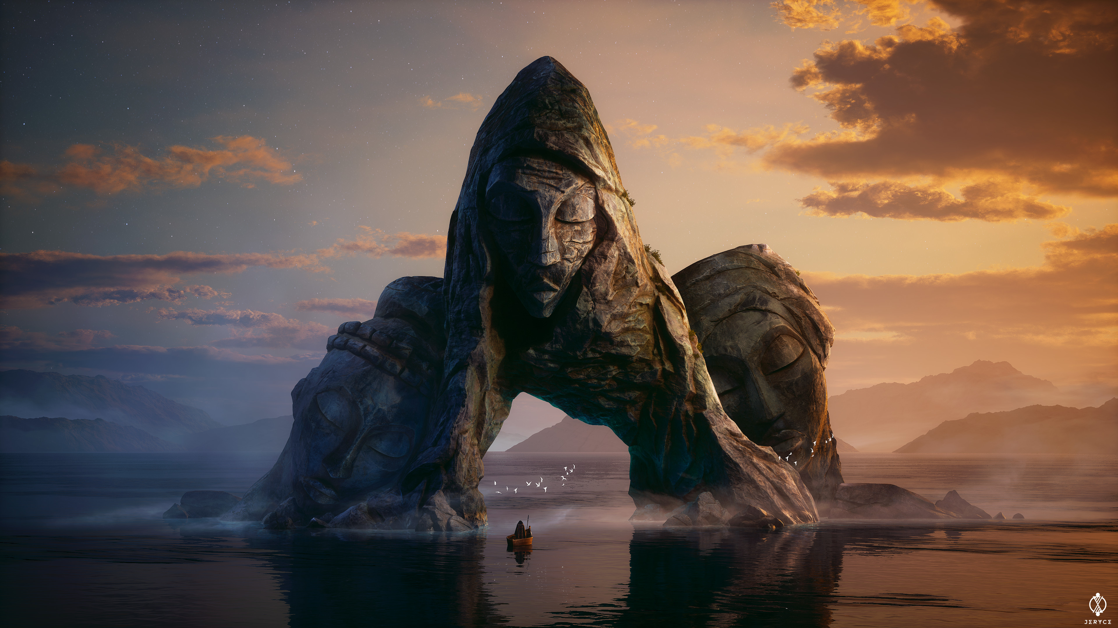 Three giant stone faces forming an arch over water HD Wallpaper