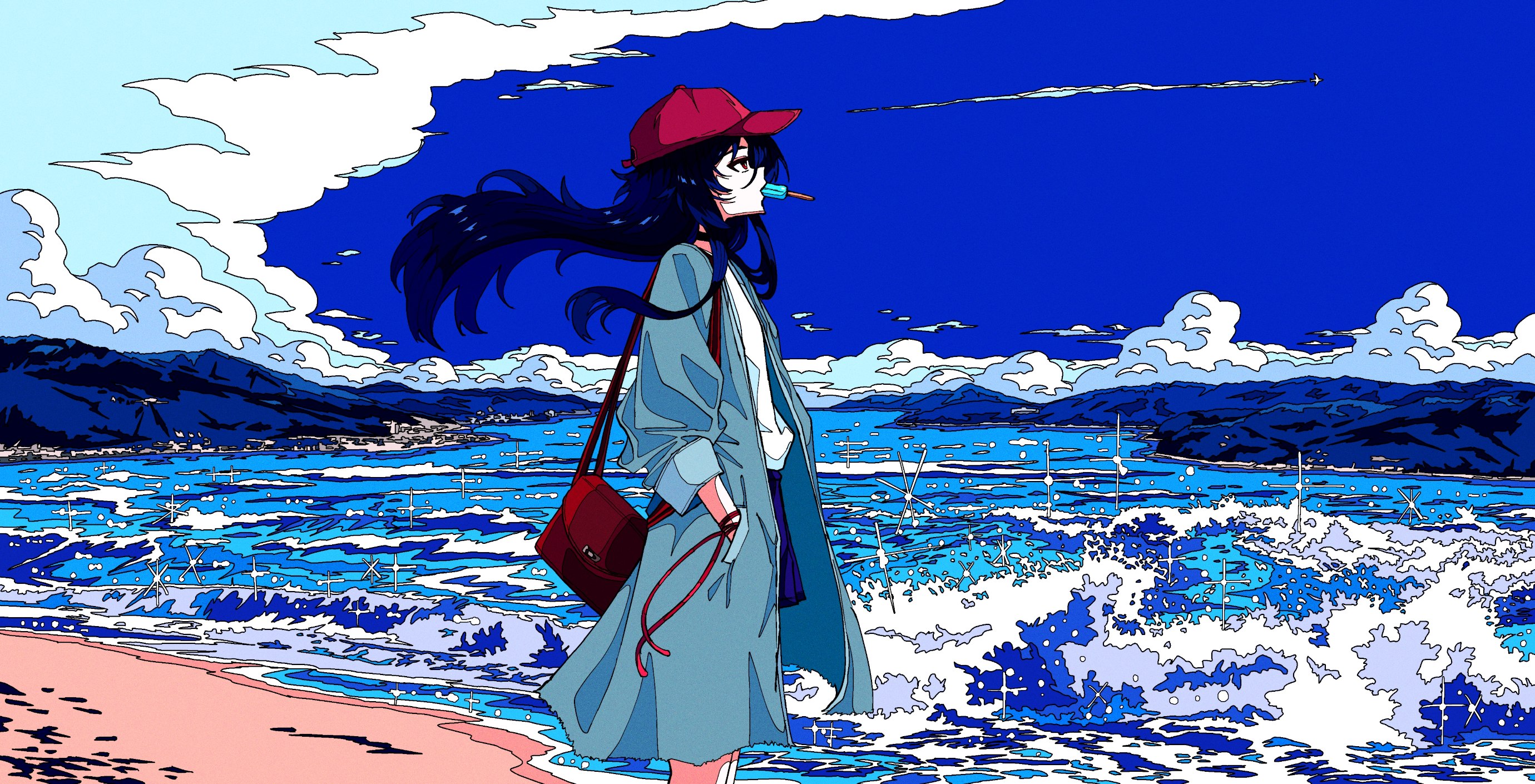 Anime Girl with Red Cap on a Blue Beach HD Wallpaper