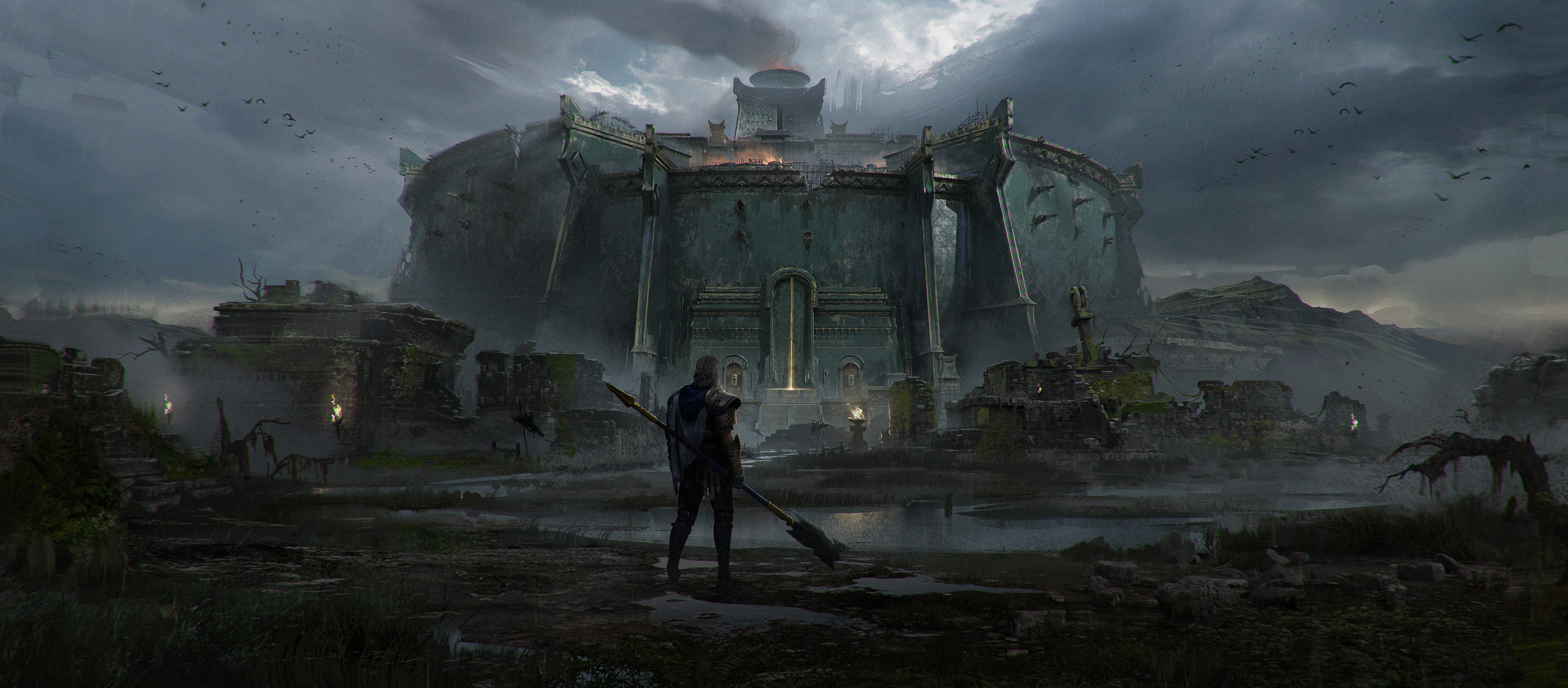 Warrior standing before a massive green stone fortress HD Wallpaper