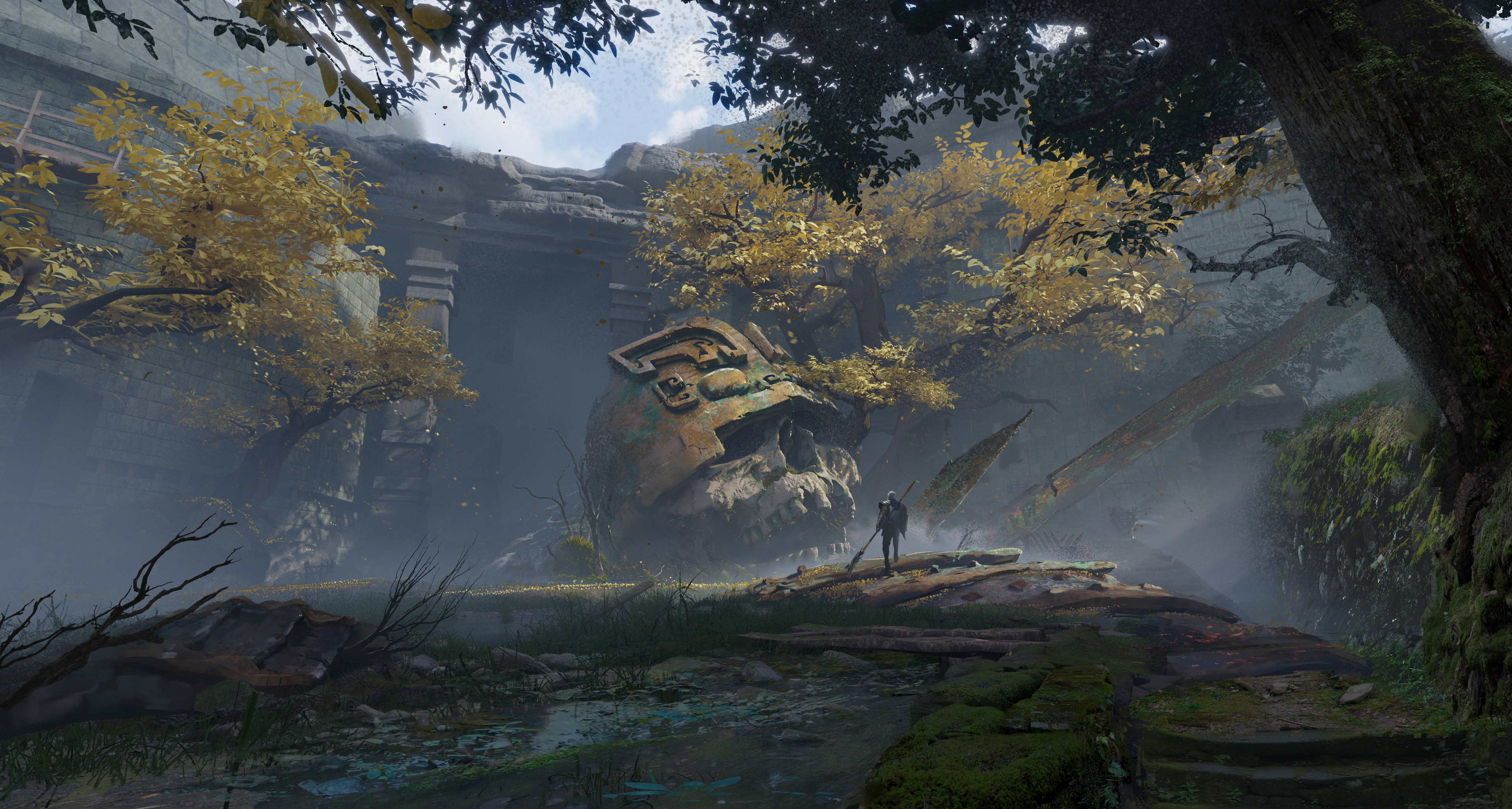 Warrior standing before a giant helmeted skull in ruins HD Wallpaper