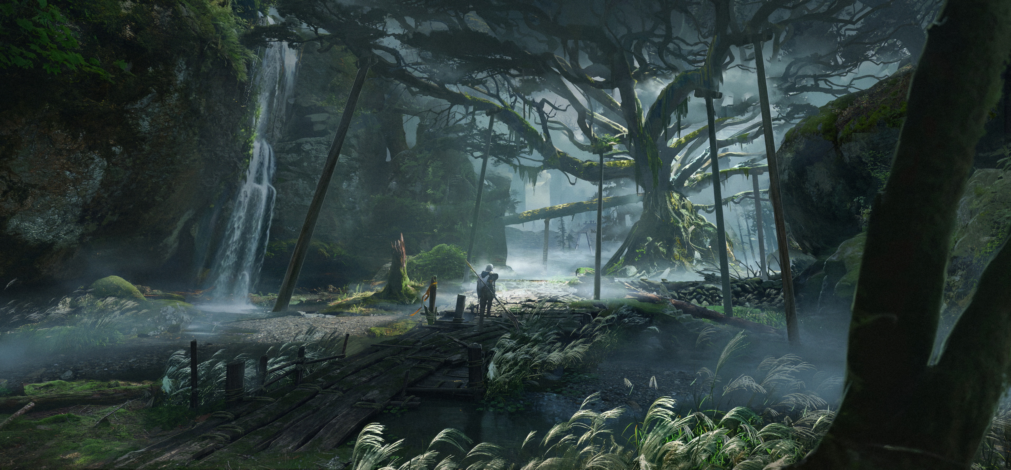 Warrior on a wooden bridge near a giant tree HD Wallpaper
