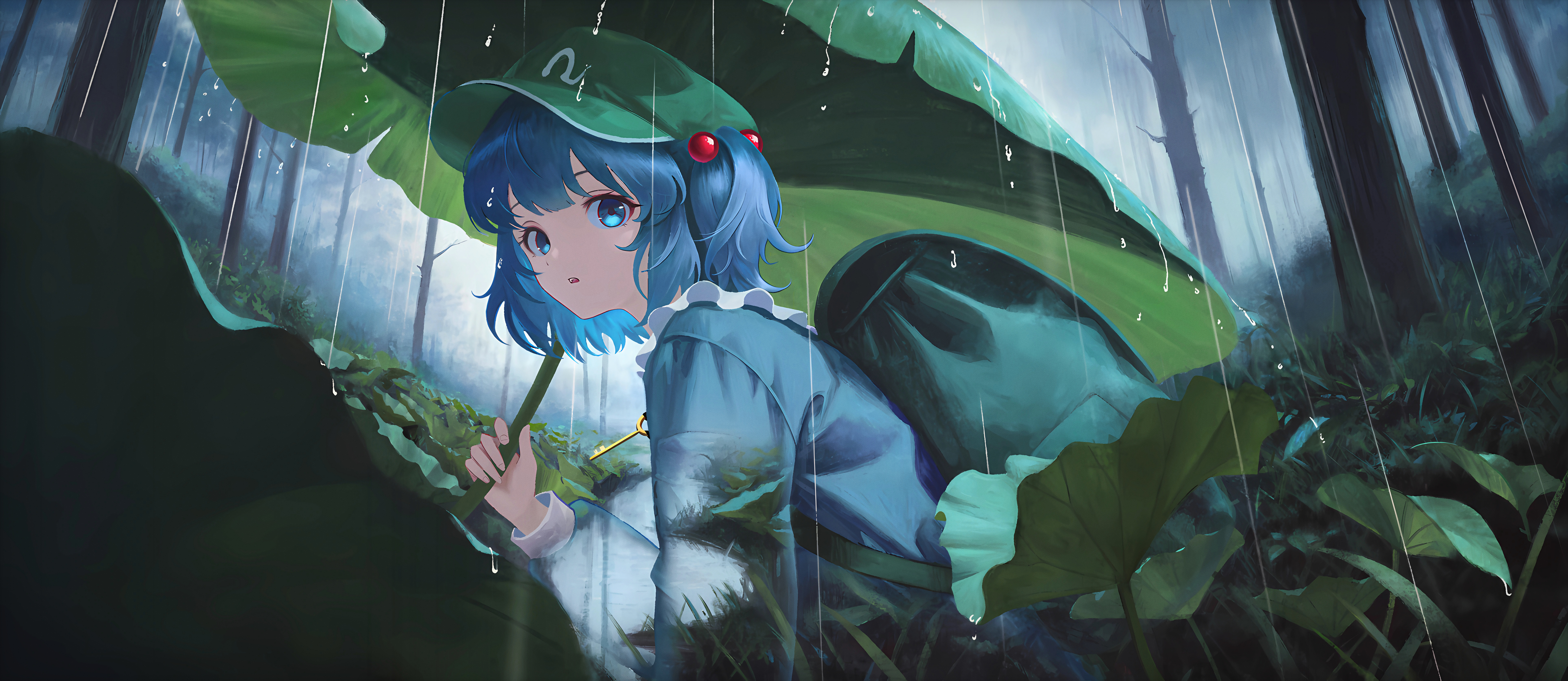 Nitori Kawashiro from Touhou Project in the Rain HD Wallpaper