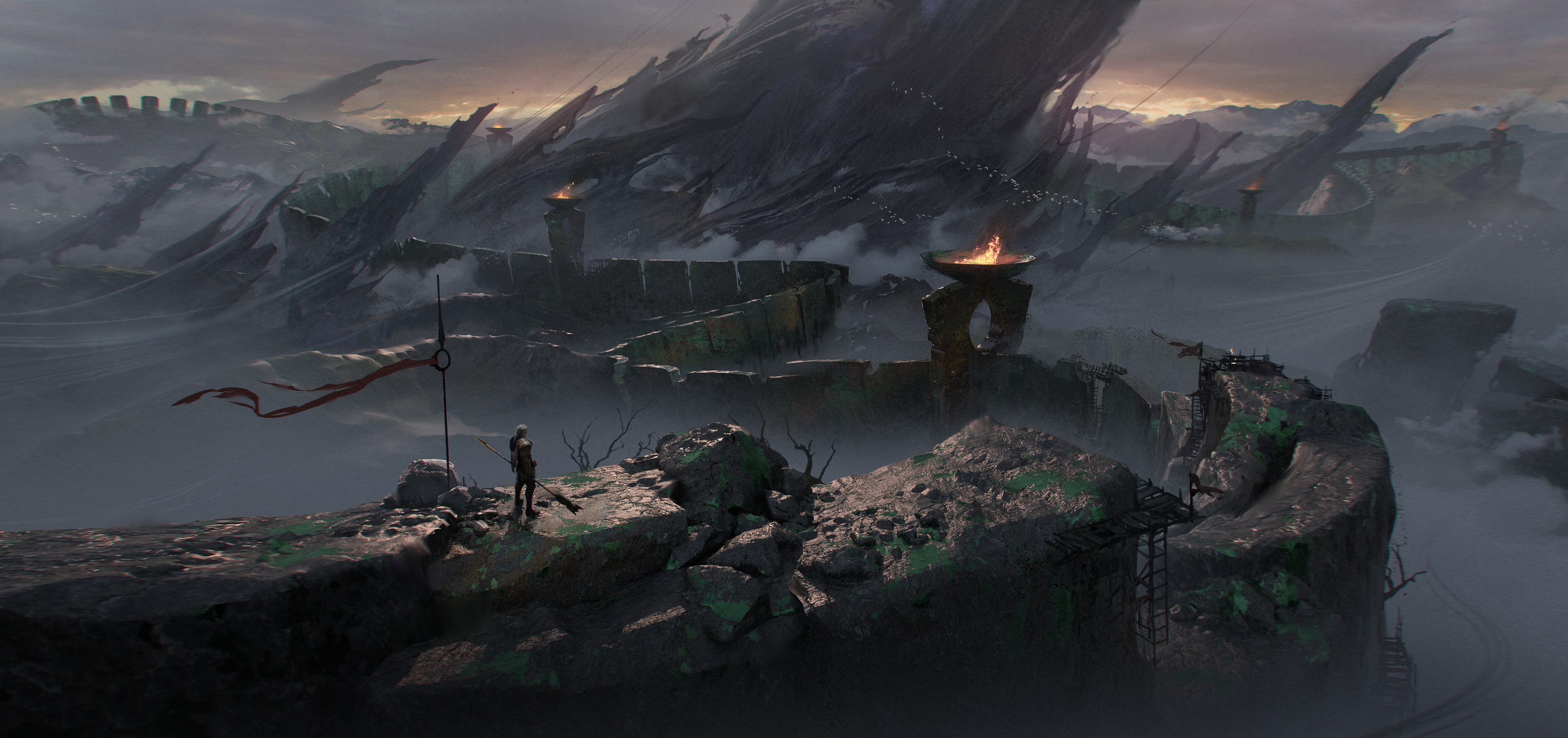 Lone Warrior Overlooking Misty Fantasy Fortress by Liang Shengyu HD Wallpaper