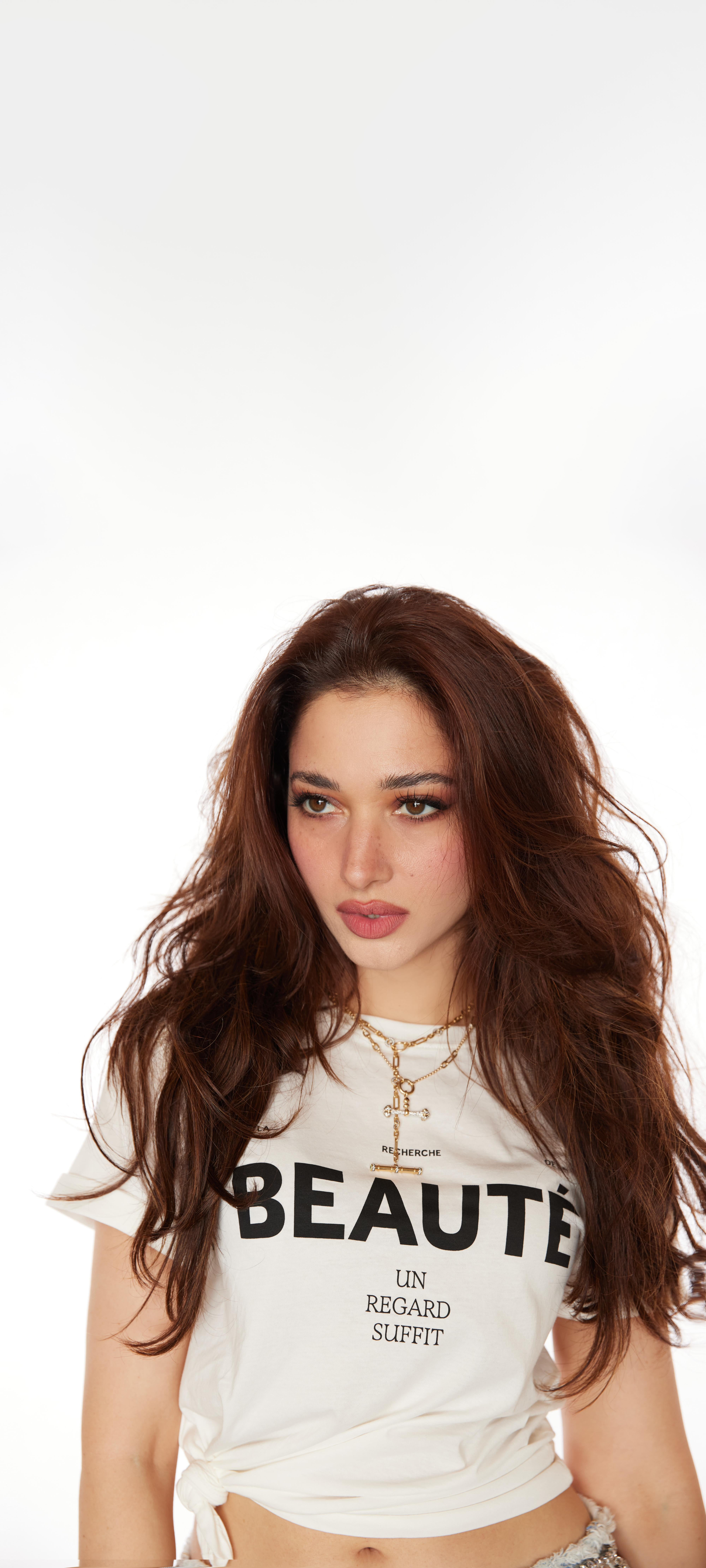 Tamannaah Bhatia in White Graphic T-Shirt HD Wallpaper