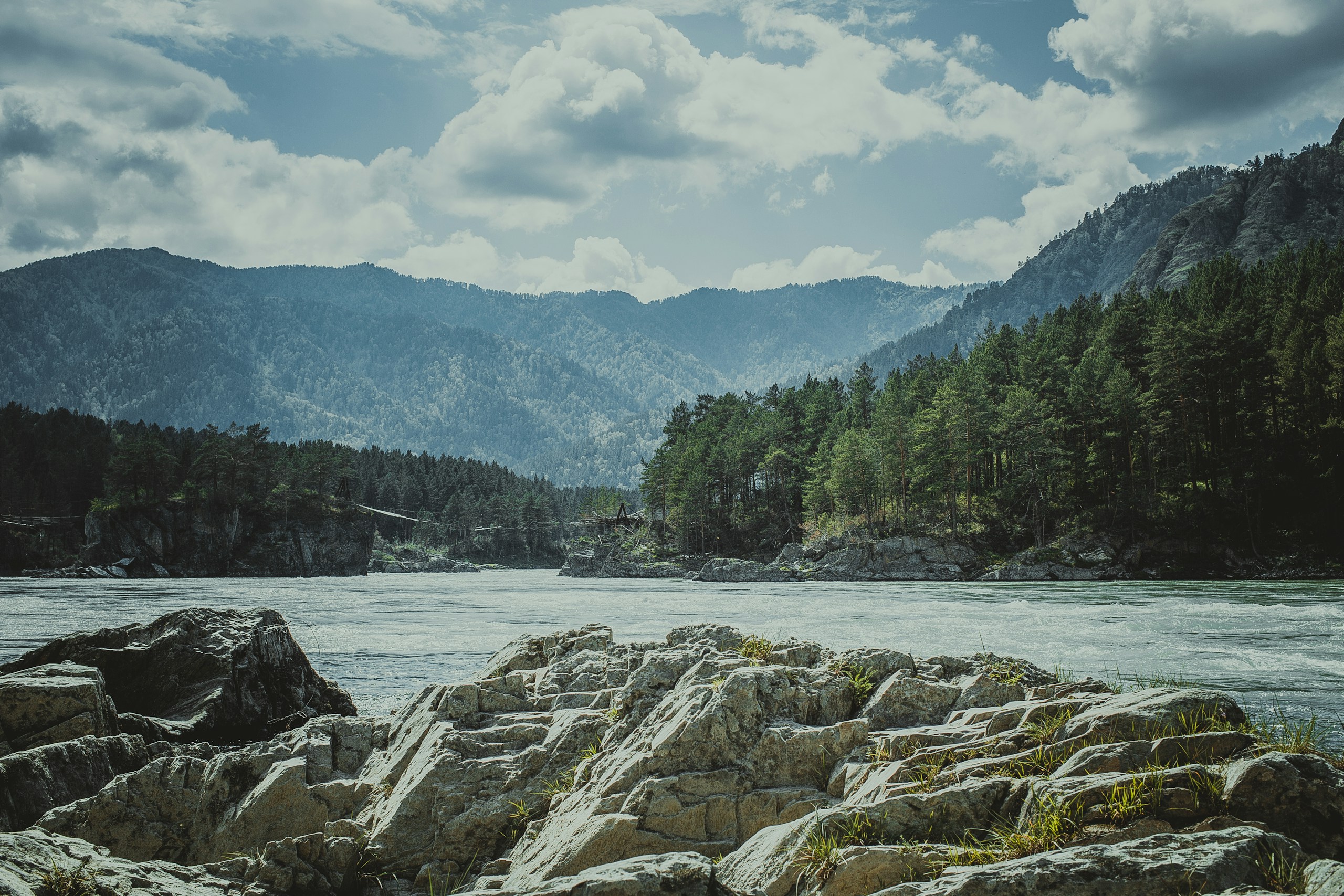 Rocky riverbank with pine forest and distant mountains HD Wallpaper