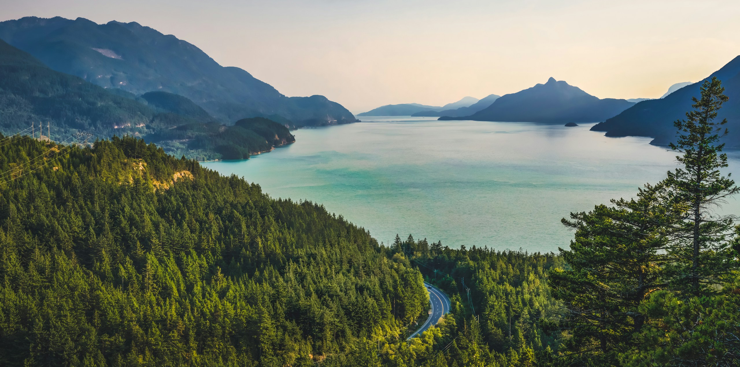 Winding lakeside road through a dense green forest HD Wallpaper