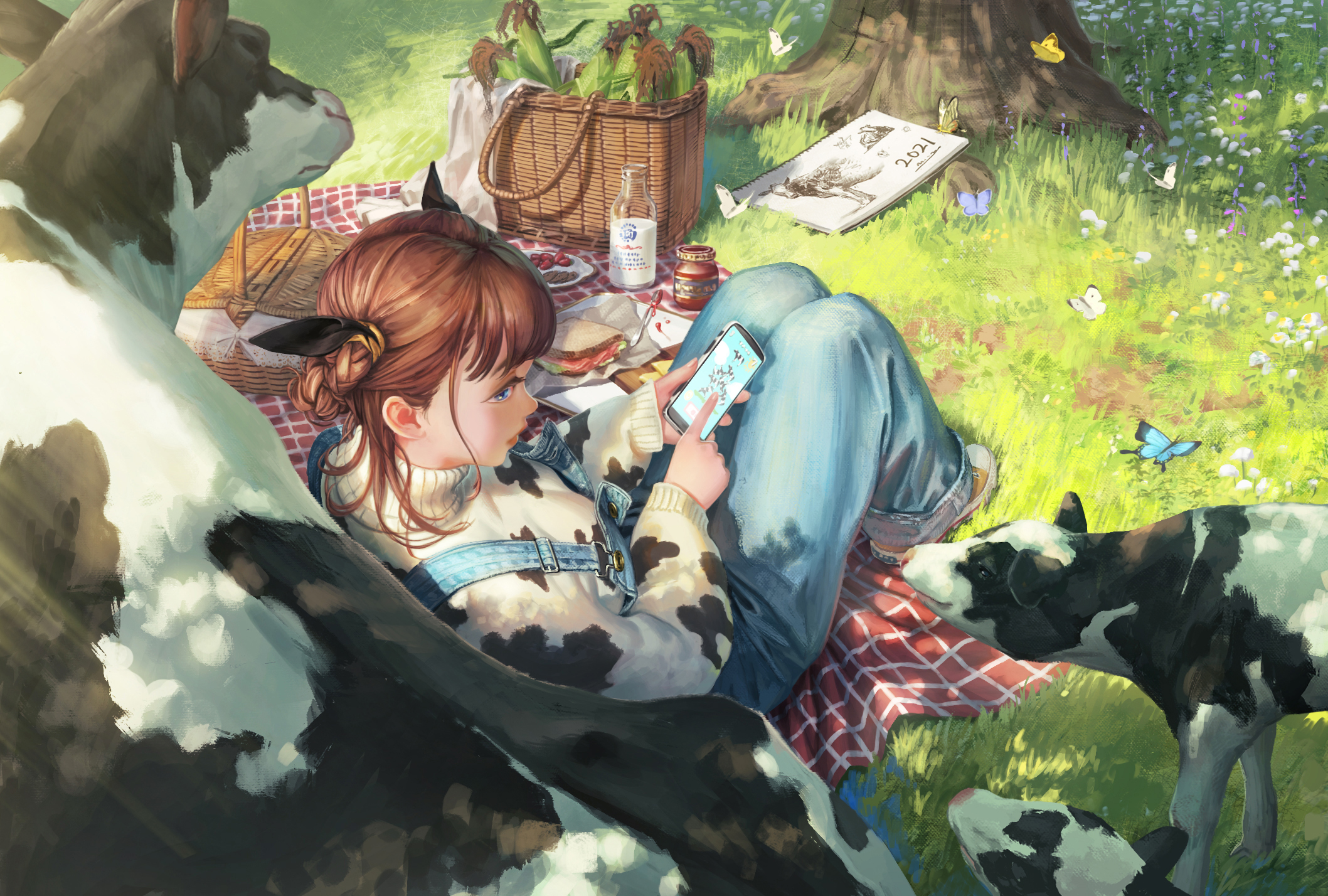 Anime Girl Having a Picnic with Cows HD Wallpaper