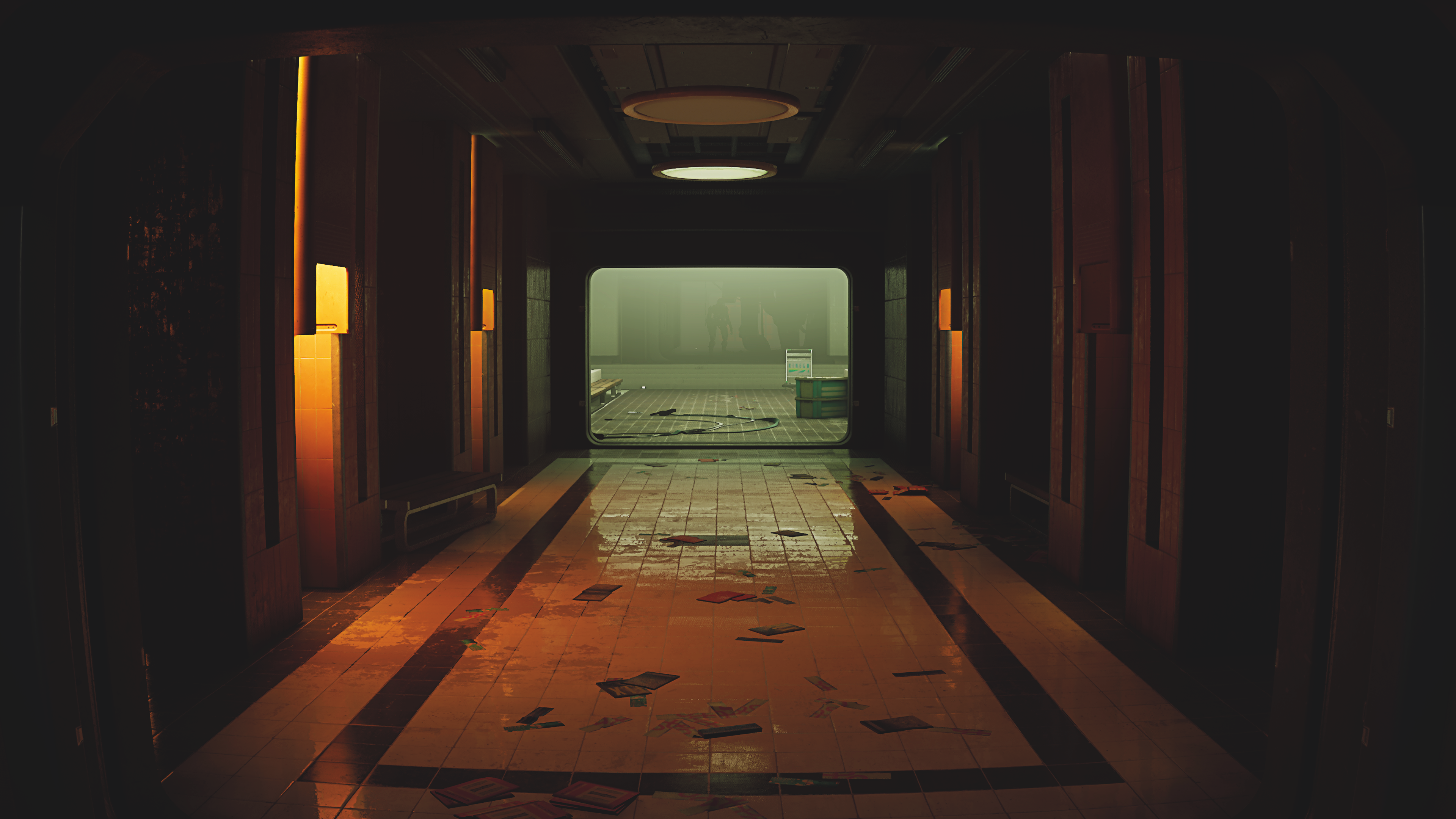 Dimly Lit Hallway with Scattered Papers and Green Fog HD Wallpaper