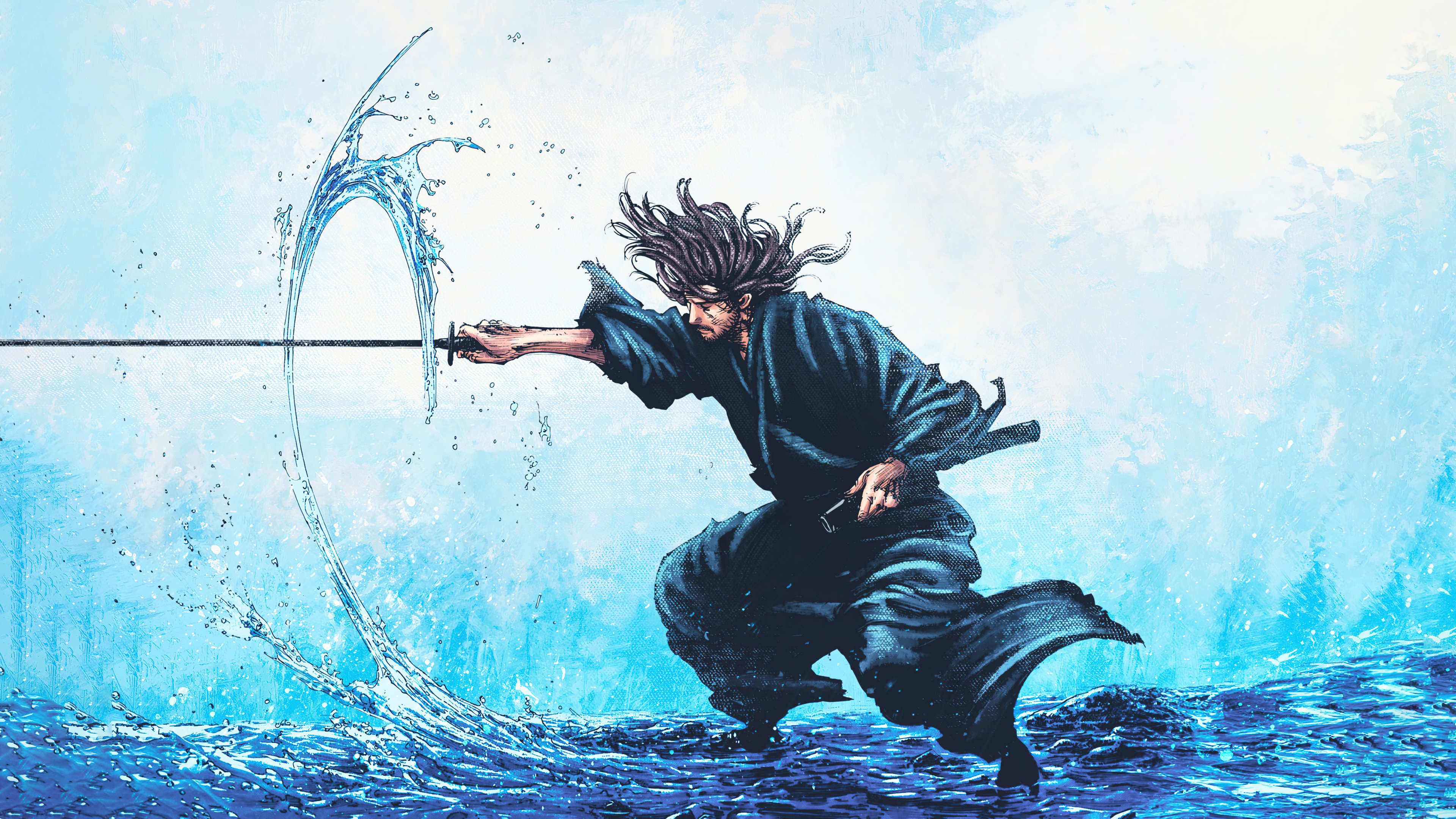 Miyamoto Musashi from Vagabond slashing water with a katana HD Wallpaper
