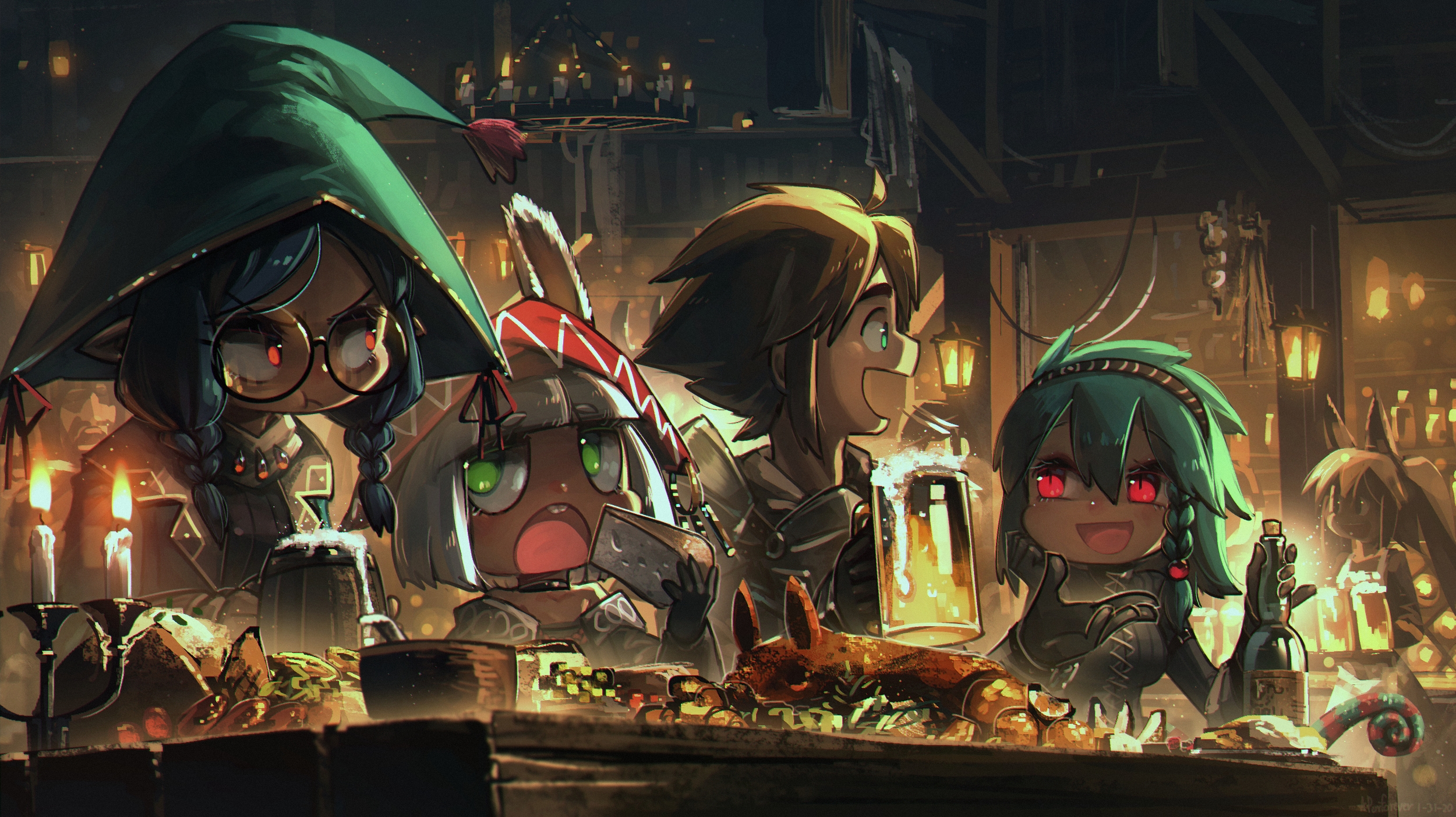 Anime adventurers enjoying a feast in a cozy tavern HD Wallpaper
