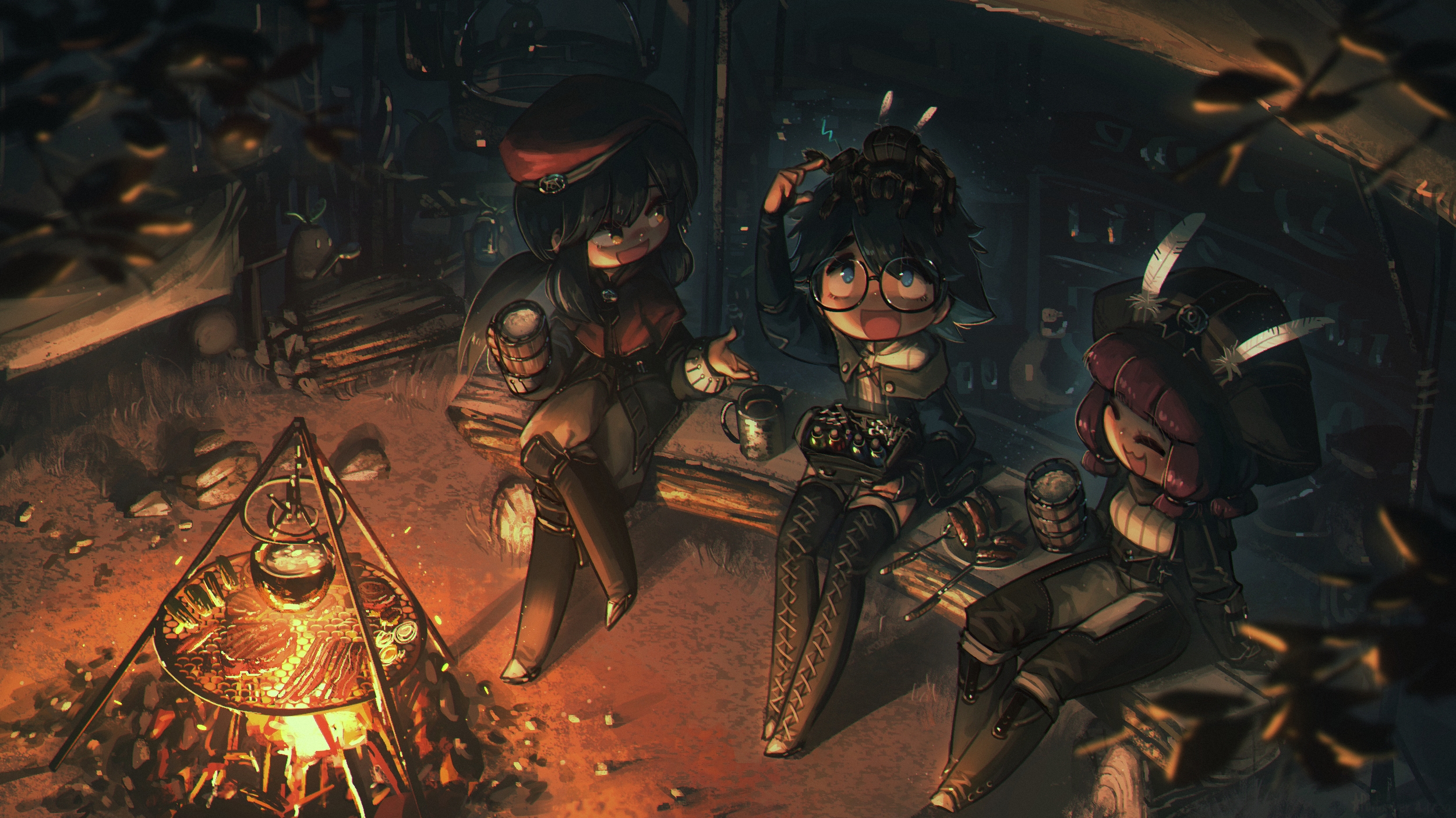 Chibi adventurers relaxing around a cozy campfire HD Wallpaper