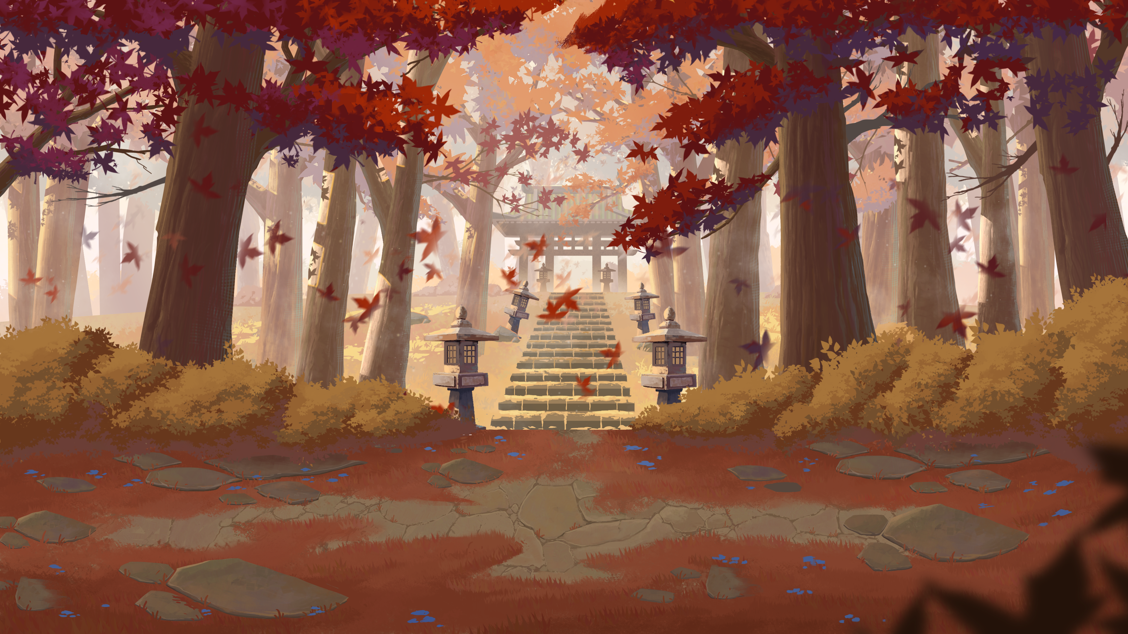 Anime Autumn Forest Path with Stone Lanterns and Shrine HD Wallpaper