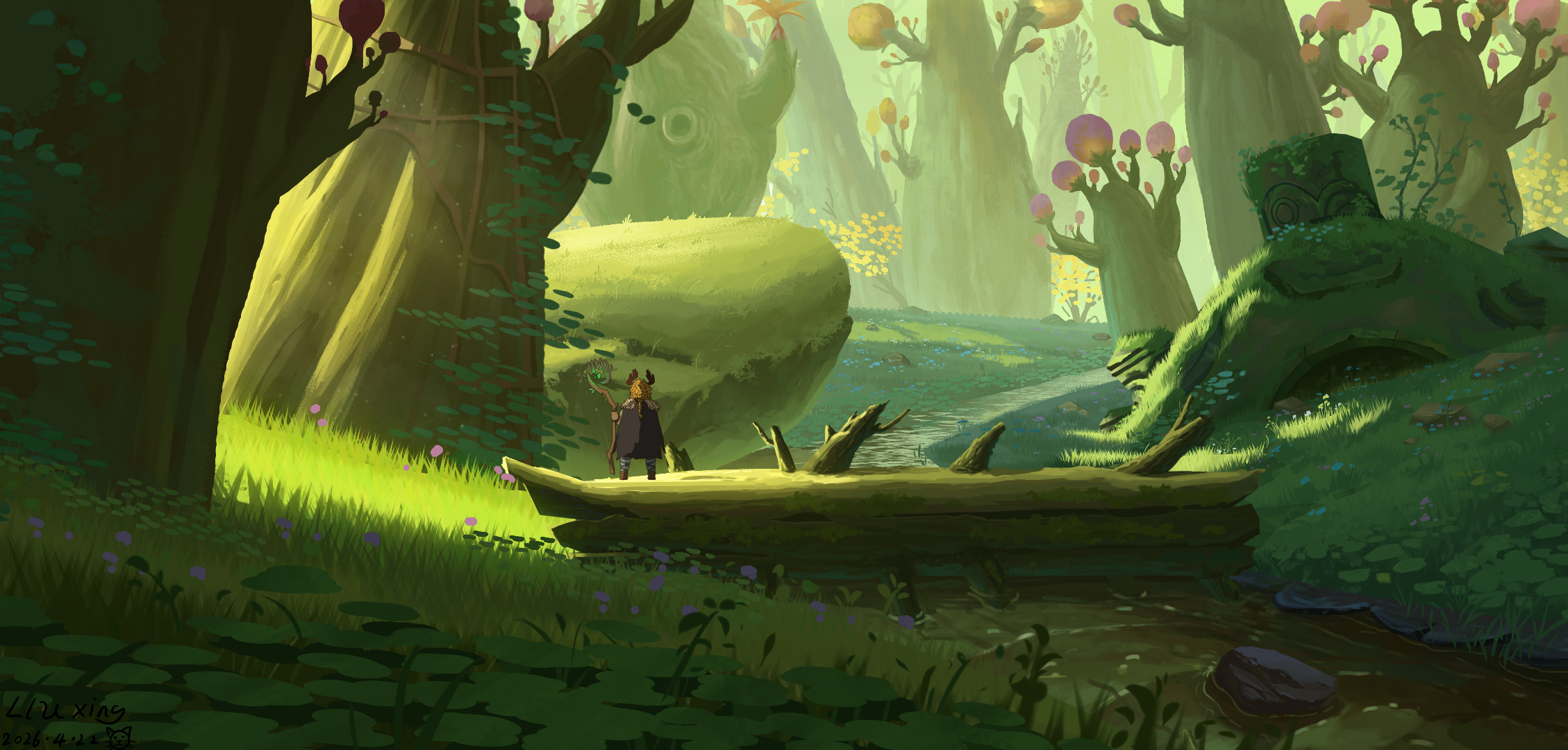Traveler with Staff in a Lush Fantasy Forest HD Wallpaper
