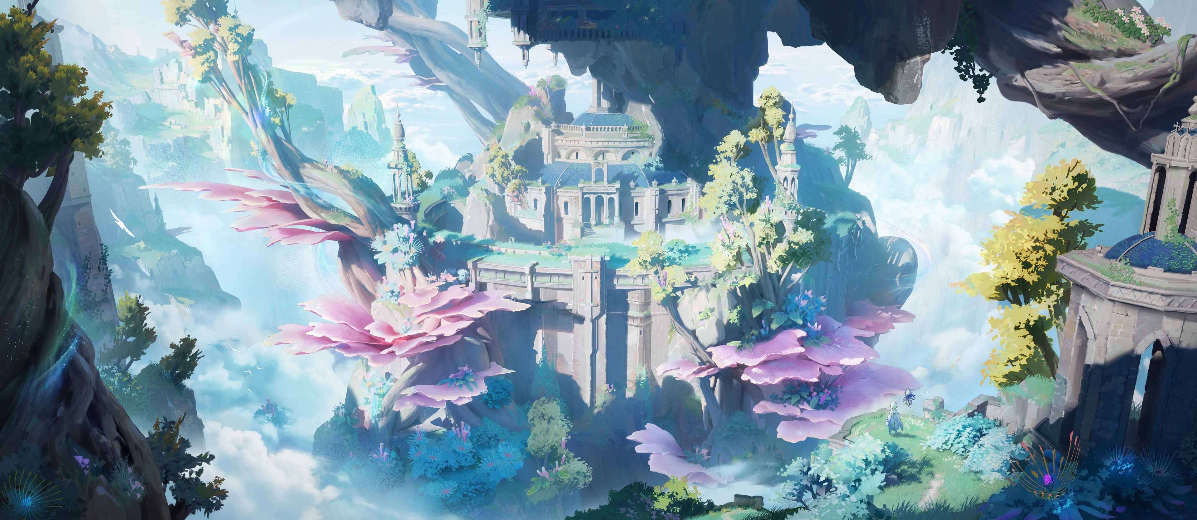 Ancient Fantasy Castle on Floating Island with Pink Flora HD Wallpaper