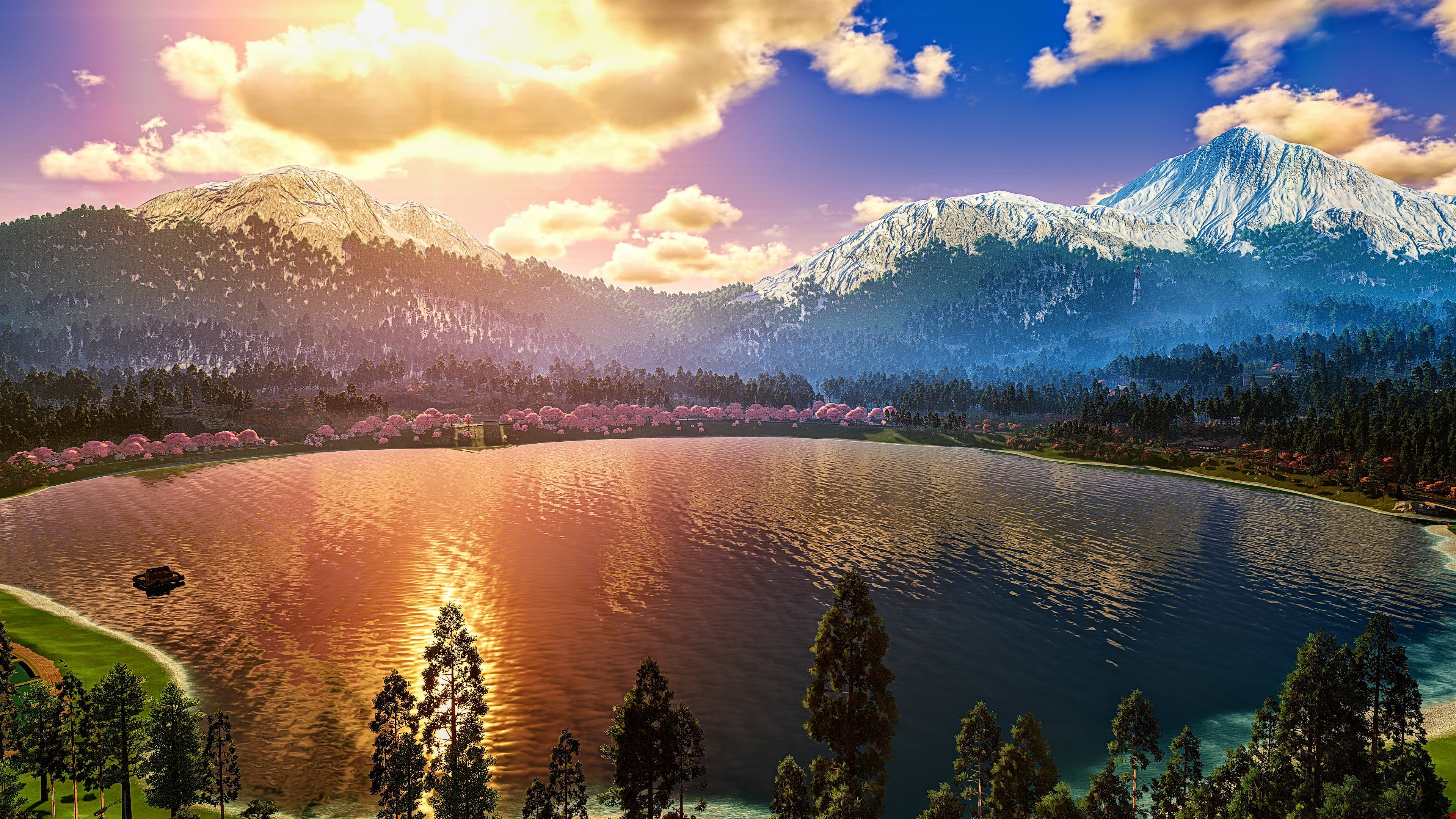 Scenic Lake with Cherry Blossoms and Snow-Capped Mountains HD Wallpaper
