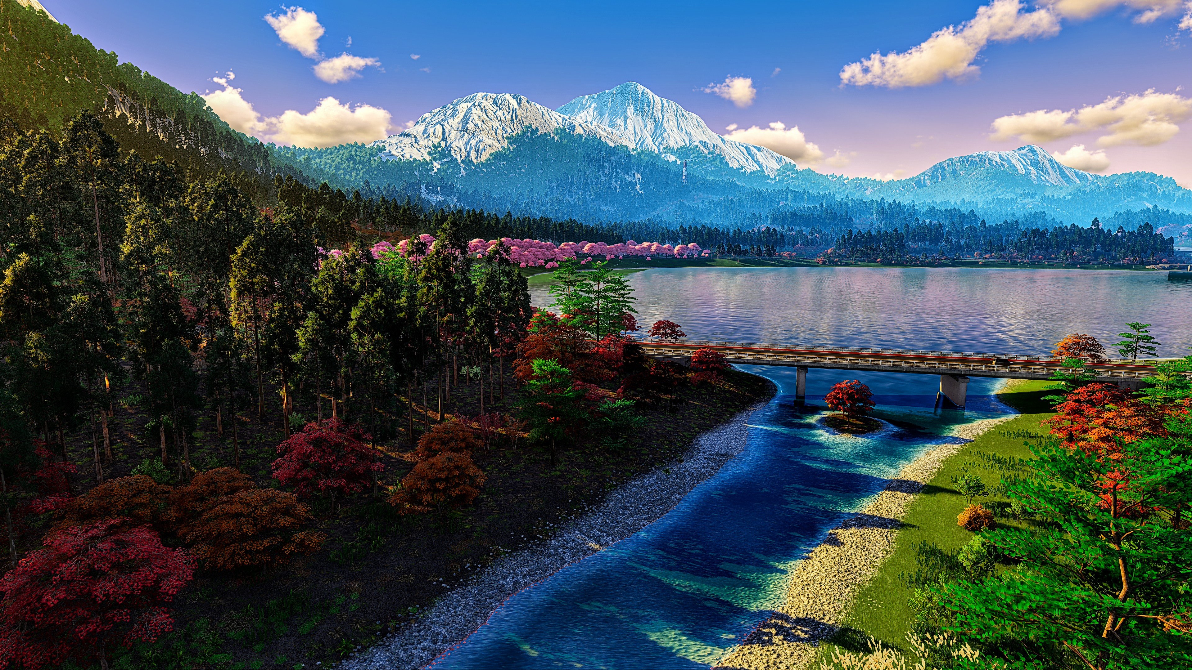 Scenic Mountain Landscape with Lake and Bridge HD Wallpaper