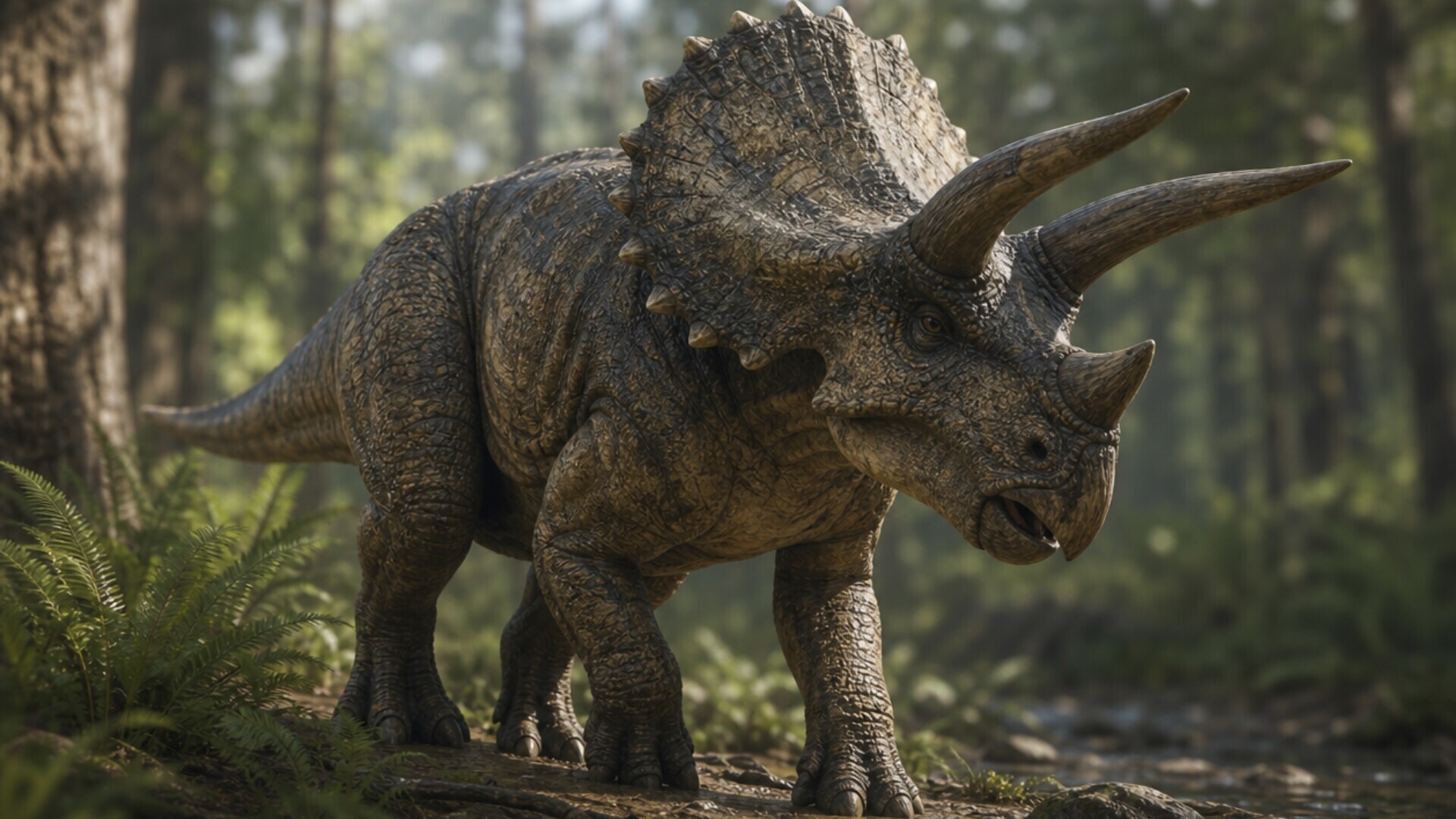 Triceratops dinosaur walking through a prehistoric forest HD Wallpaper