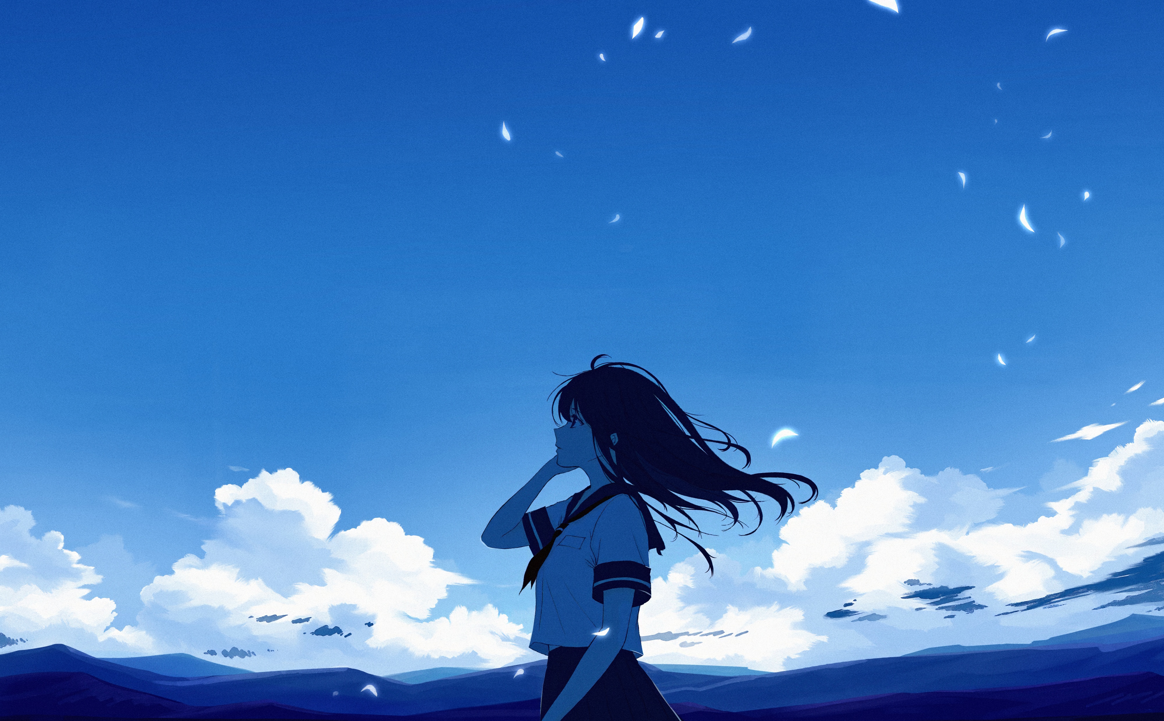 Anime Schoolgirl Looking Up at Blue Sky HD Wallpaper