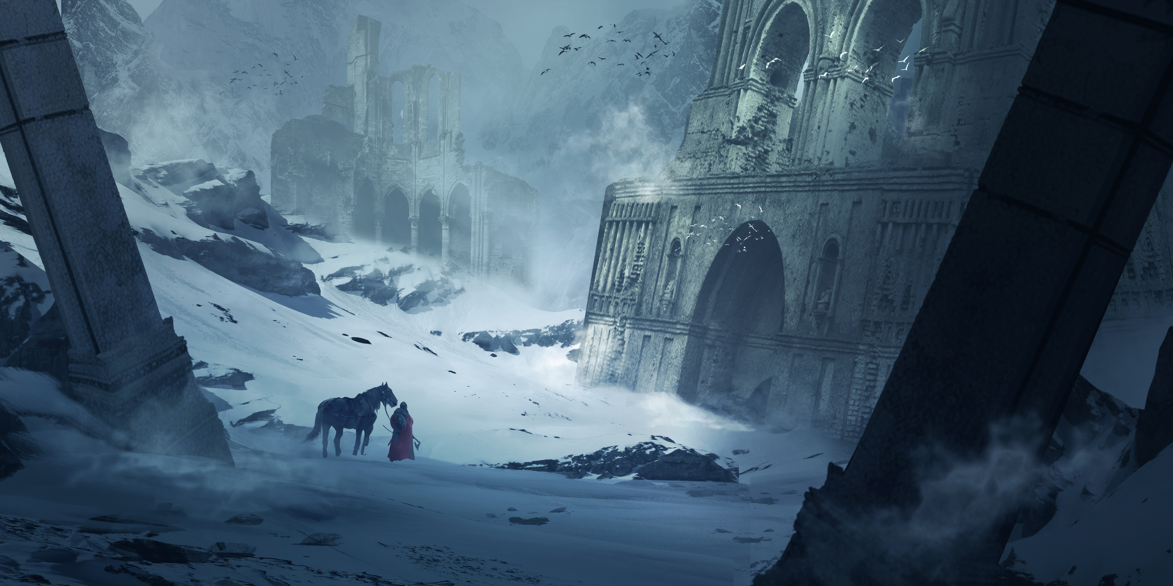Traveler in Red Cloak with Horse by Snowy Ruins HD Wallpaper