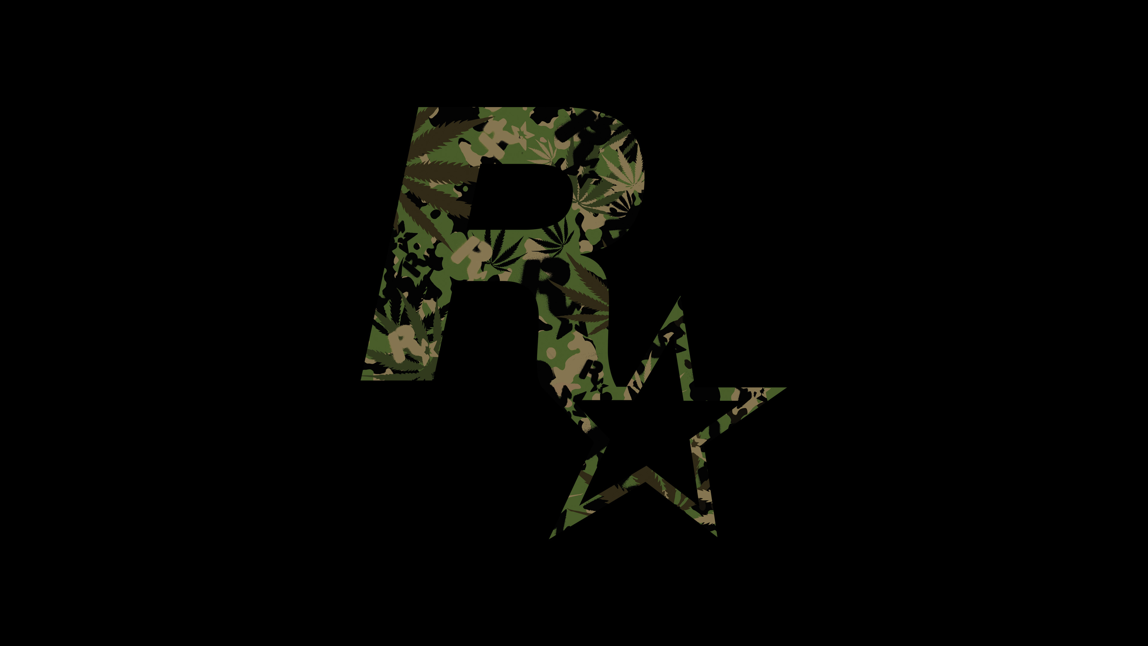 Rockstar Games Logo with Camouflage and Cannabis Pattern HD Wallpaper