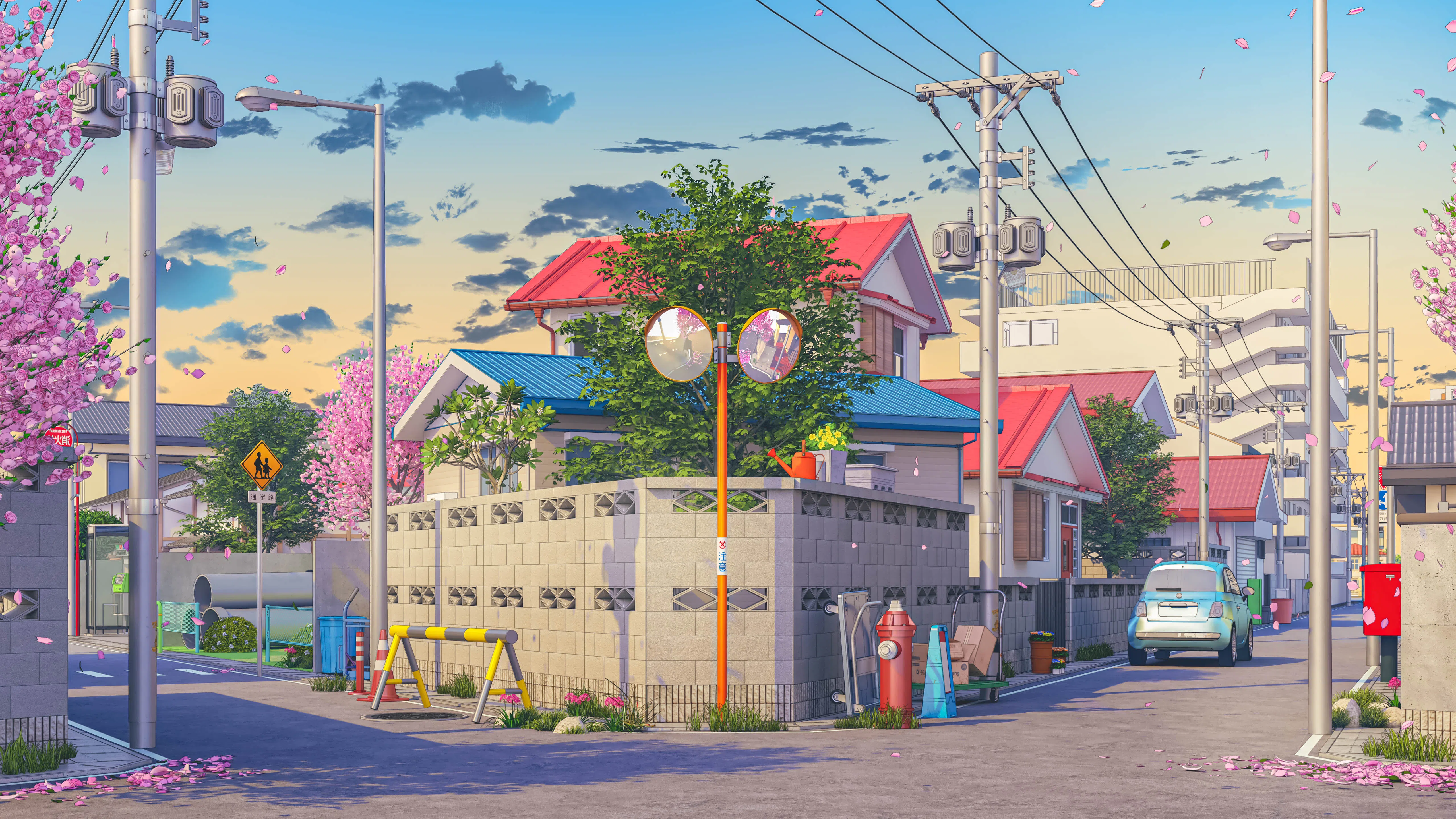 Quiet Japanese Street Corner with Cherry Blossoms HD Wallpaper