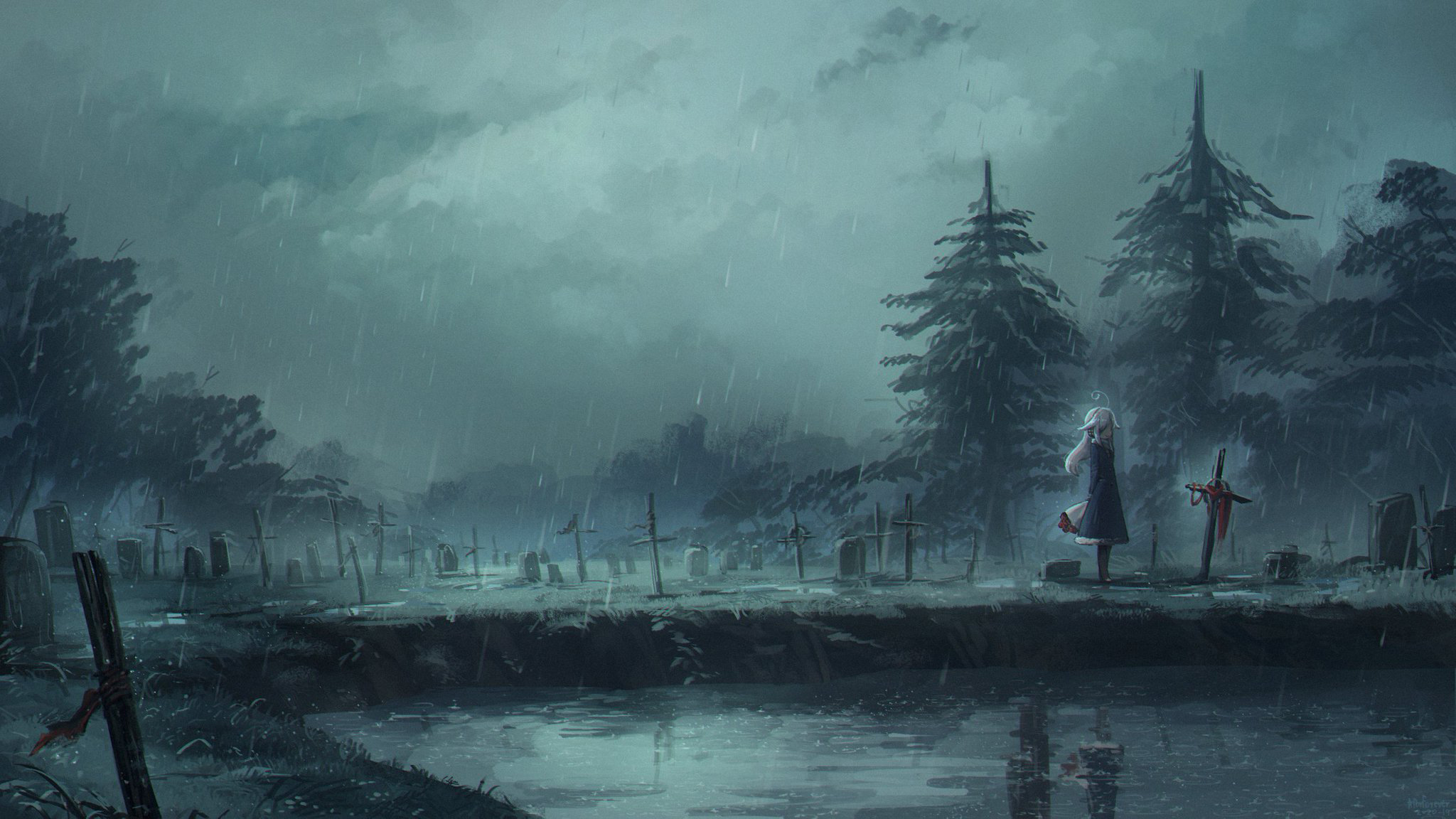 Plana from Blue Archive in a Rainy Graveyard HD Wallpaper