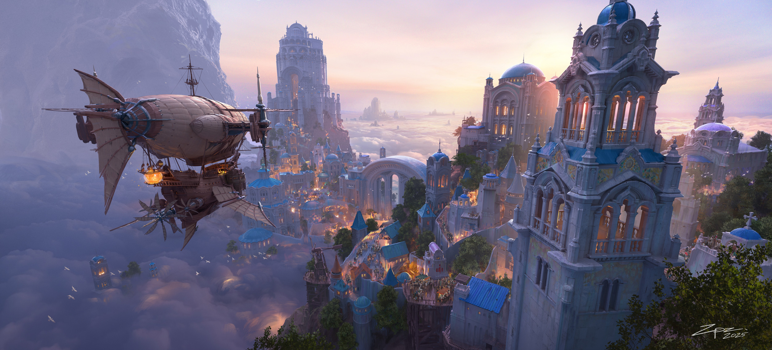 Fantasy City Above the Clouds with Steampunk Airship HD Wallpaper