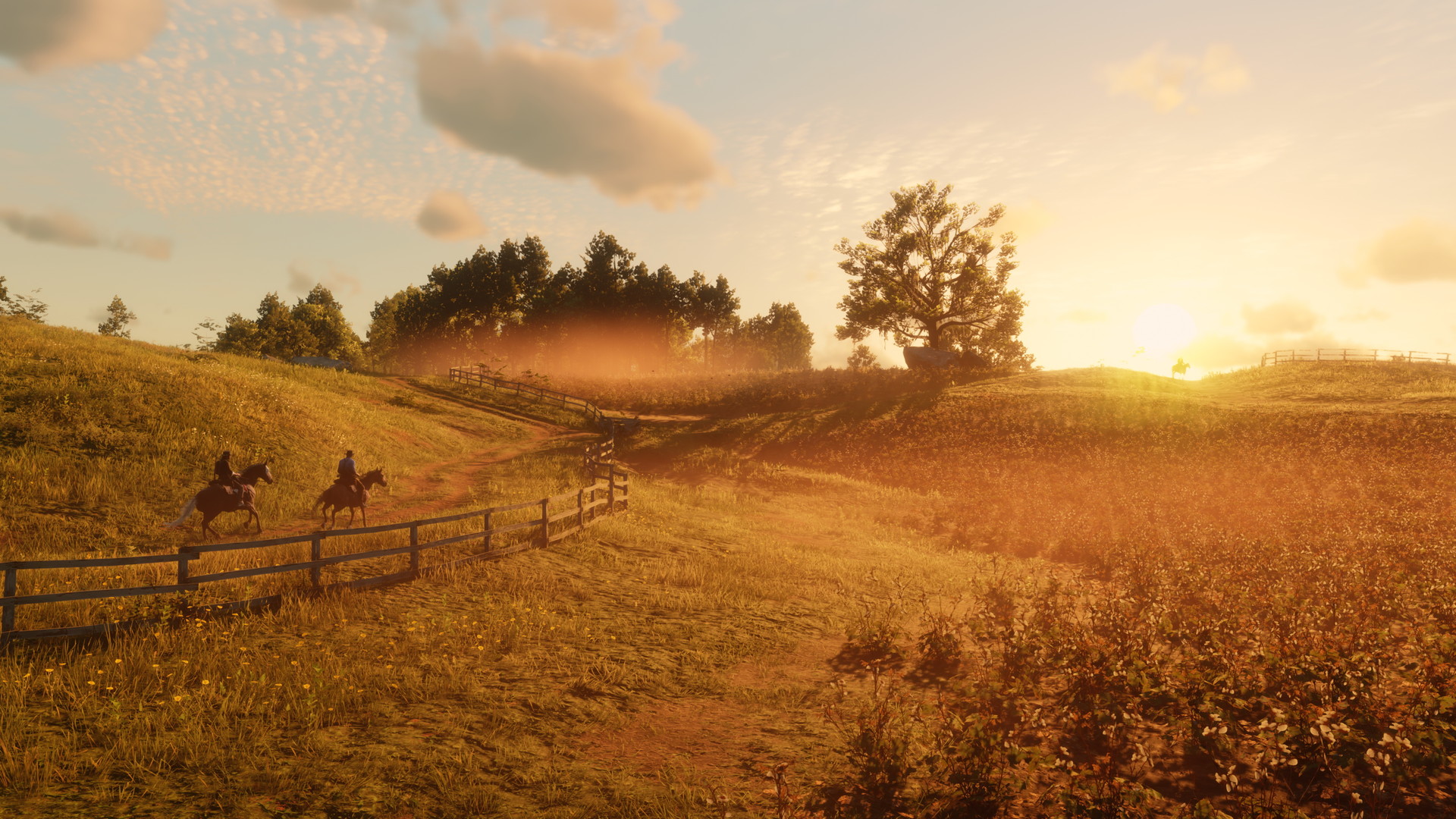 Horse riders at sunset in Red Dead Redemption 2 HD Wallpaper