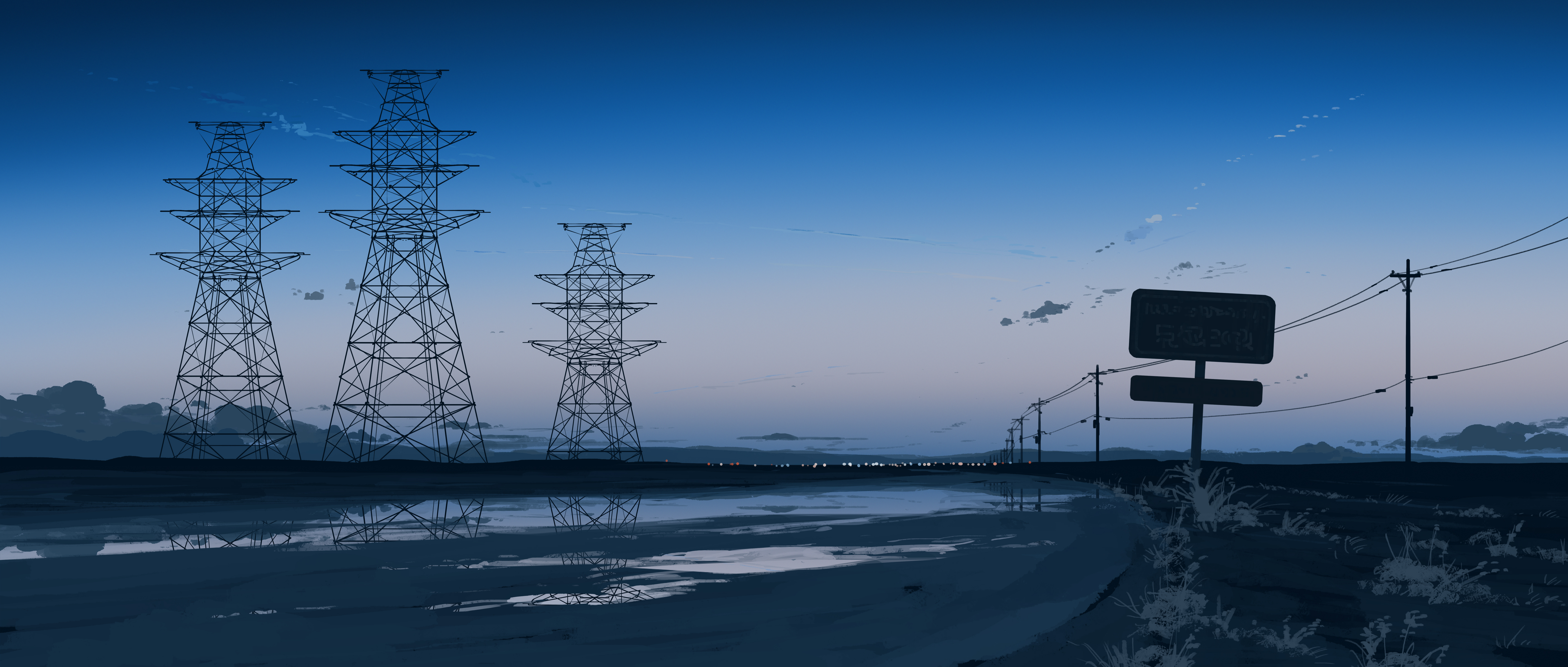Twilight landscape with power line towers and wet road HD Wallpaper