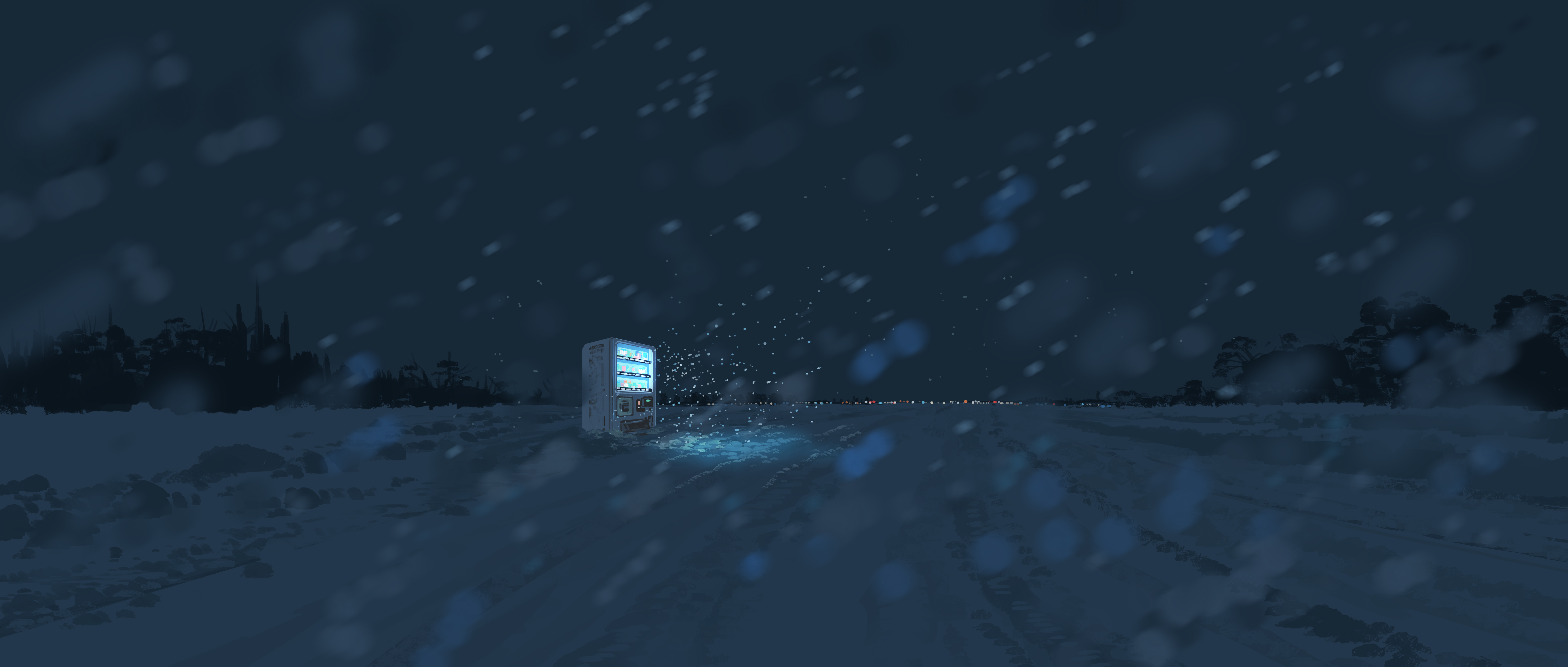 Glowing vending machine in a snowy night landscape HD Wallpaper