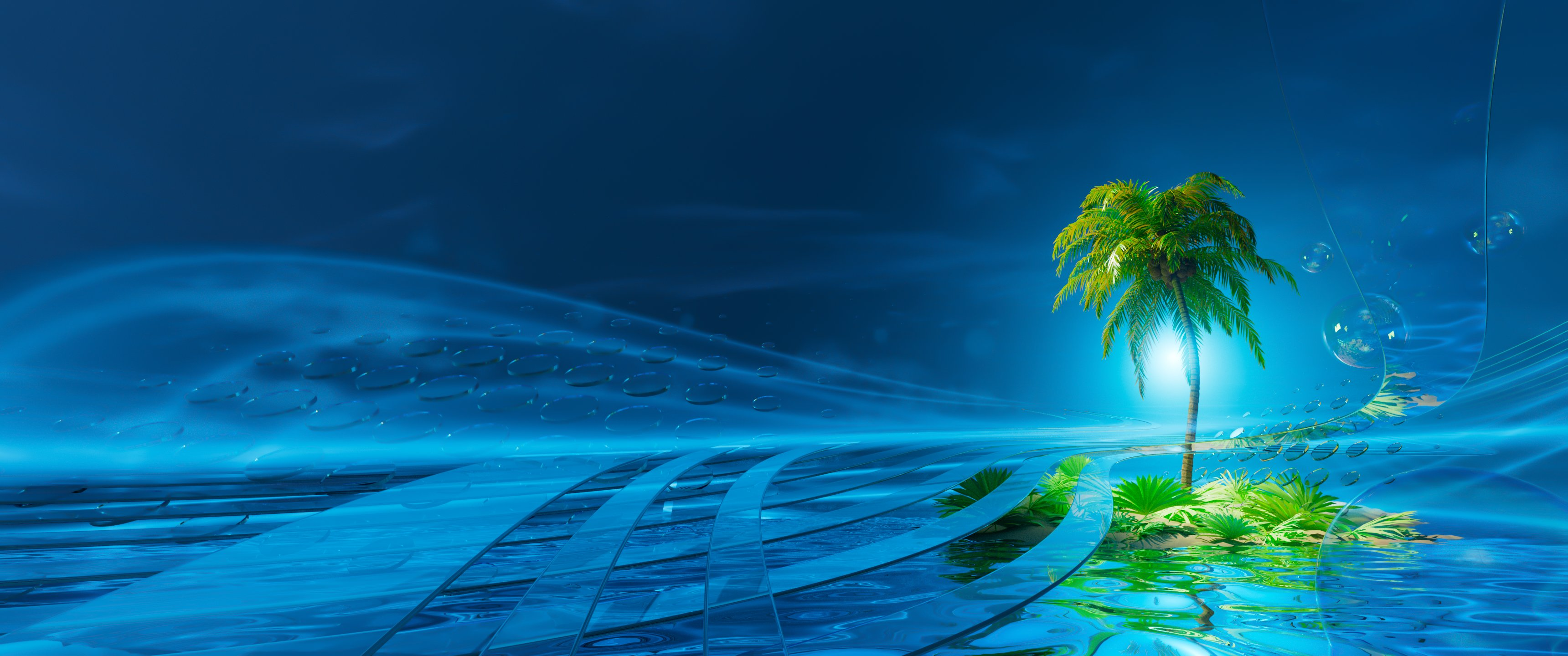 Abstract 3D Tropical Island with Palm Tree HD Wallpaper