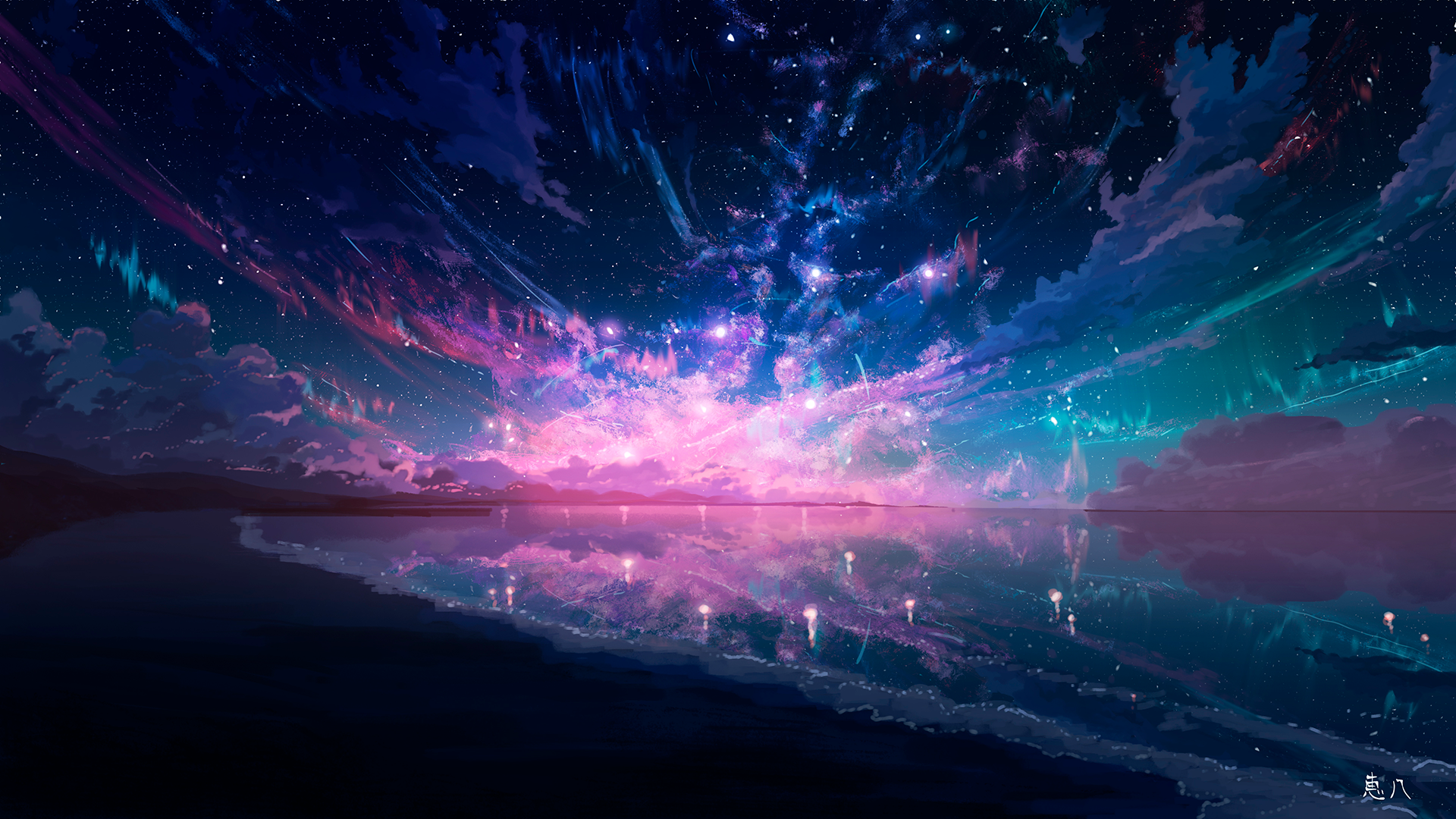 Anime Starry Sky and Nebula Reflected on Water HD Wallpaper