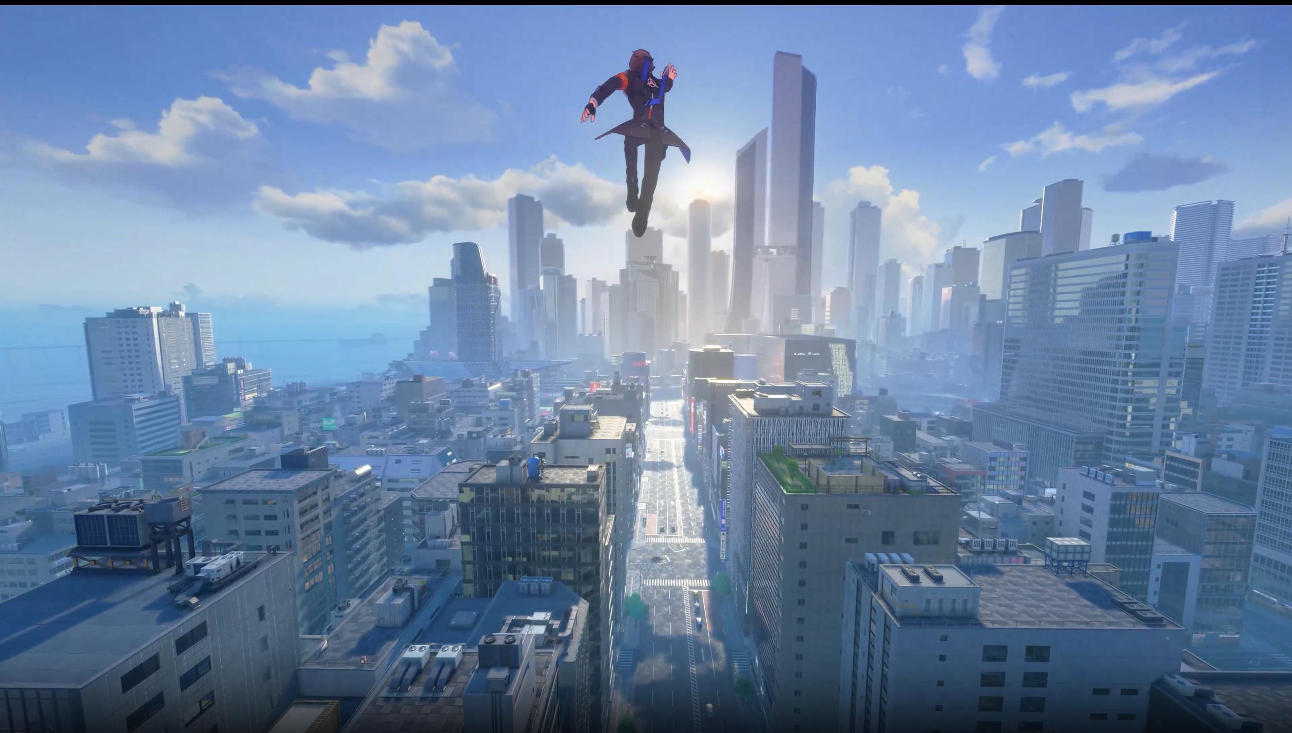 Character floating above a modern city in Ananta HD Wallpaper