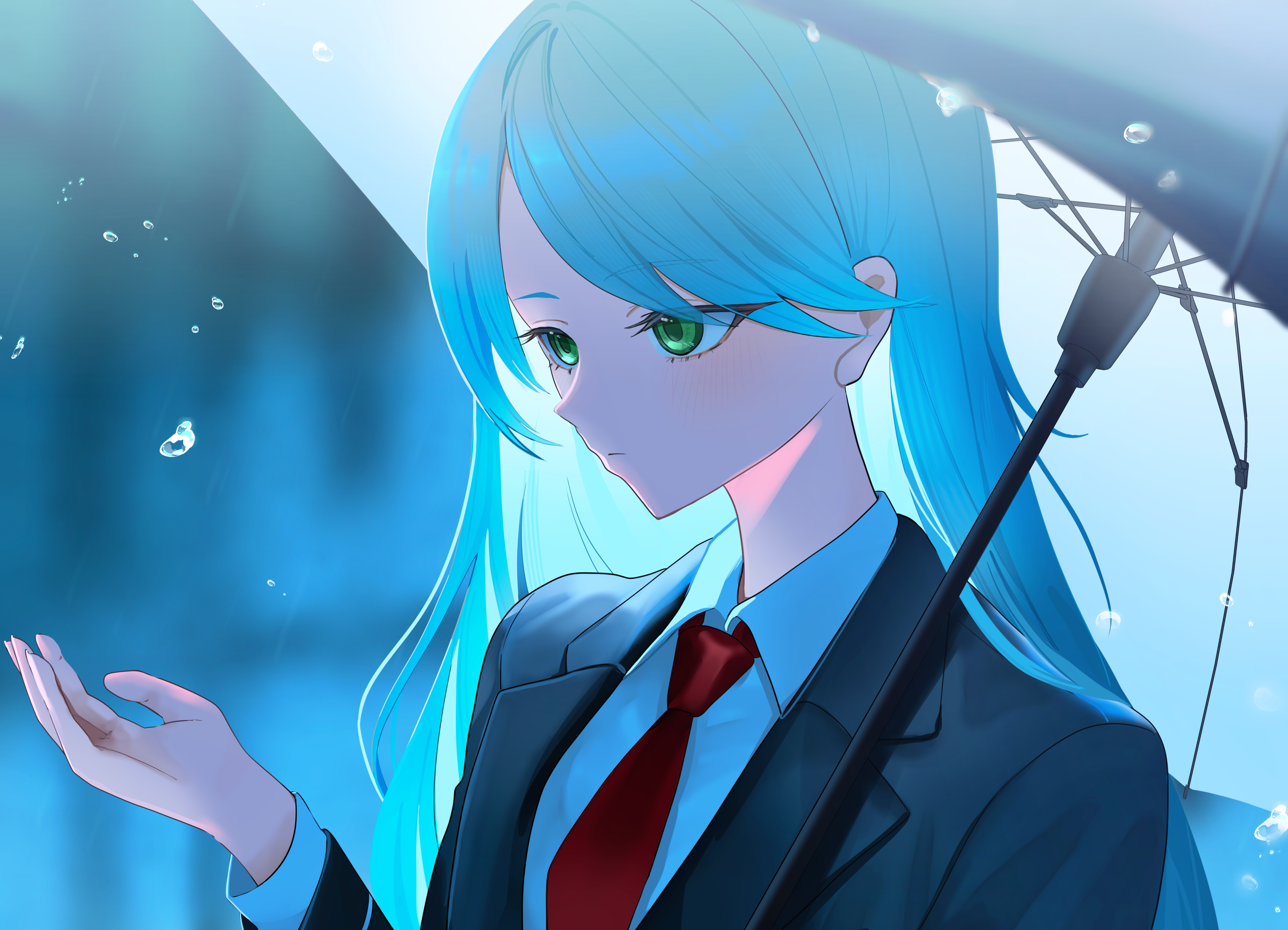 Anime Girl with Blue Hair in Suit Under Umbrella HD Wallpaper