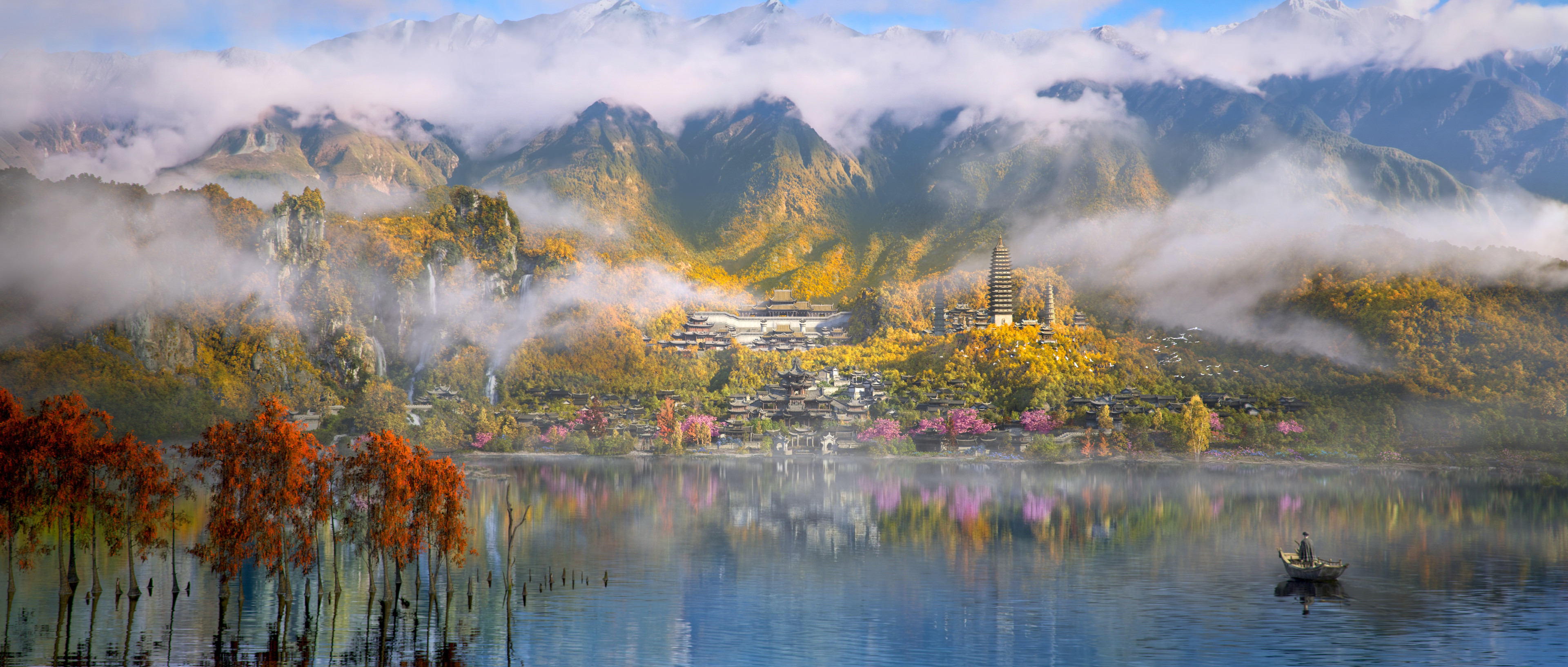 Traditional Chinese Temple Village by a Misty Lake HD Wallpaper