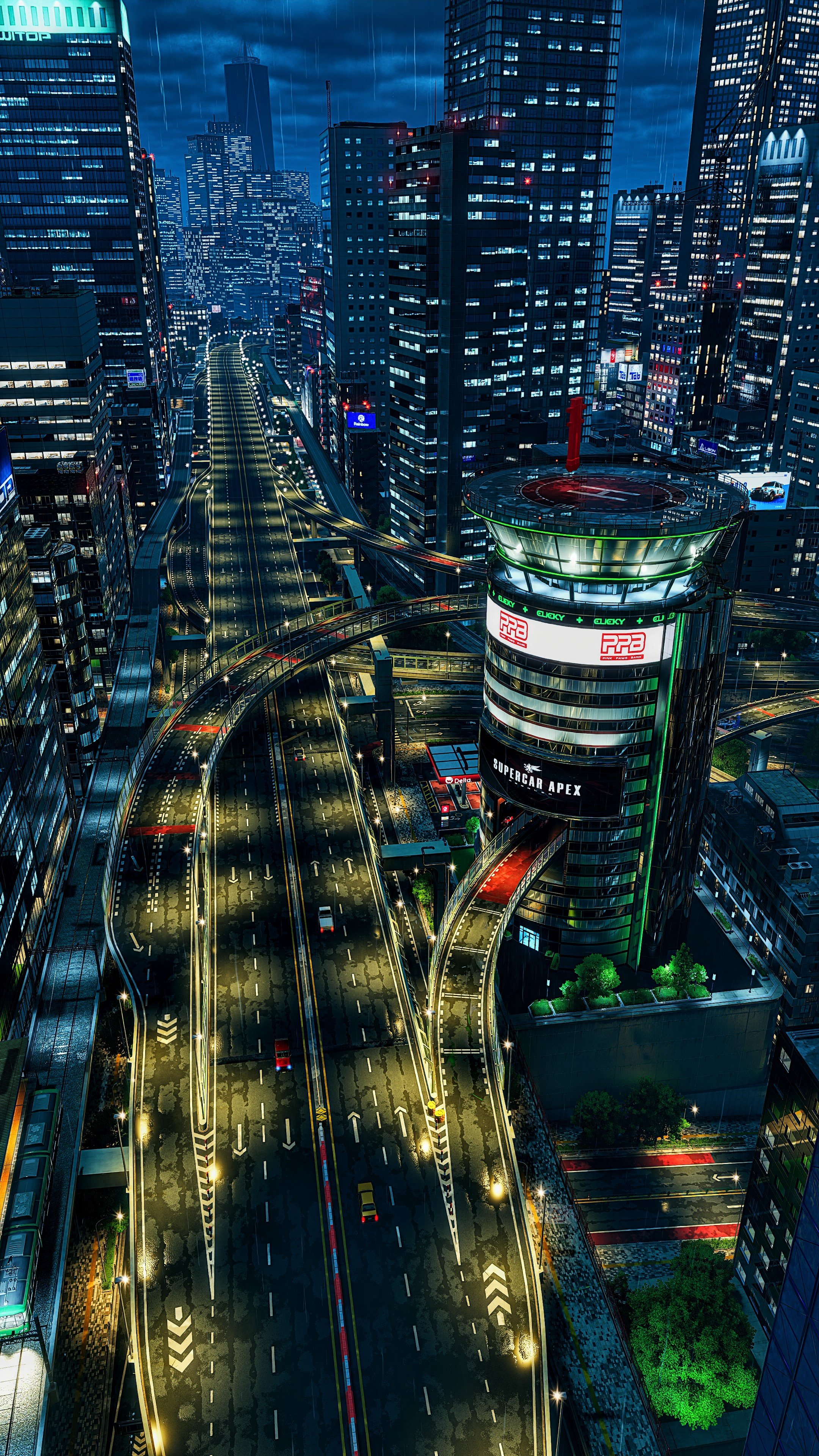 Futuristic City Nightscape with Highways and Skyscrapers HD Wallpaper