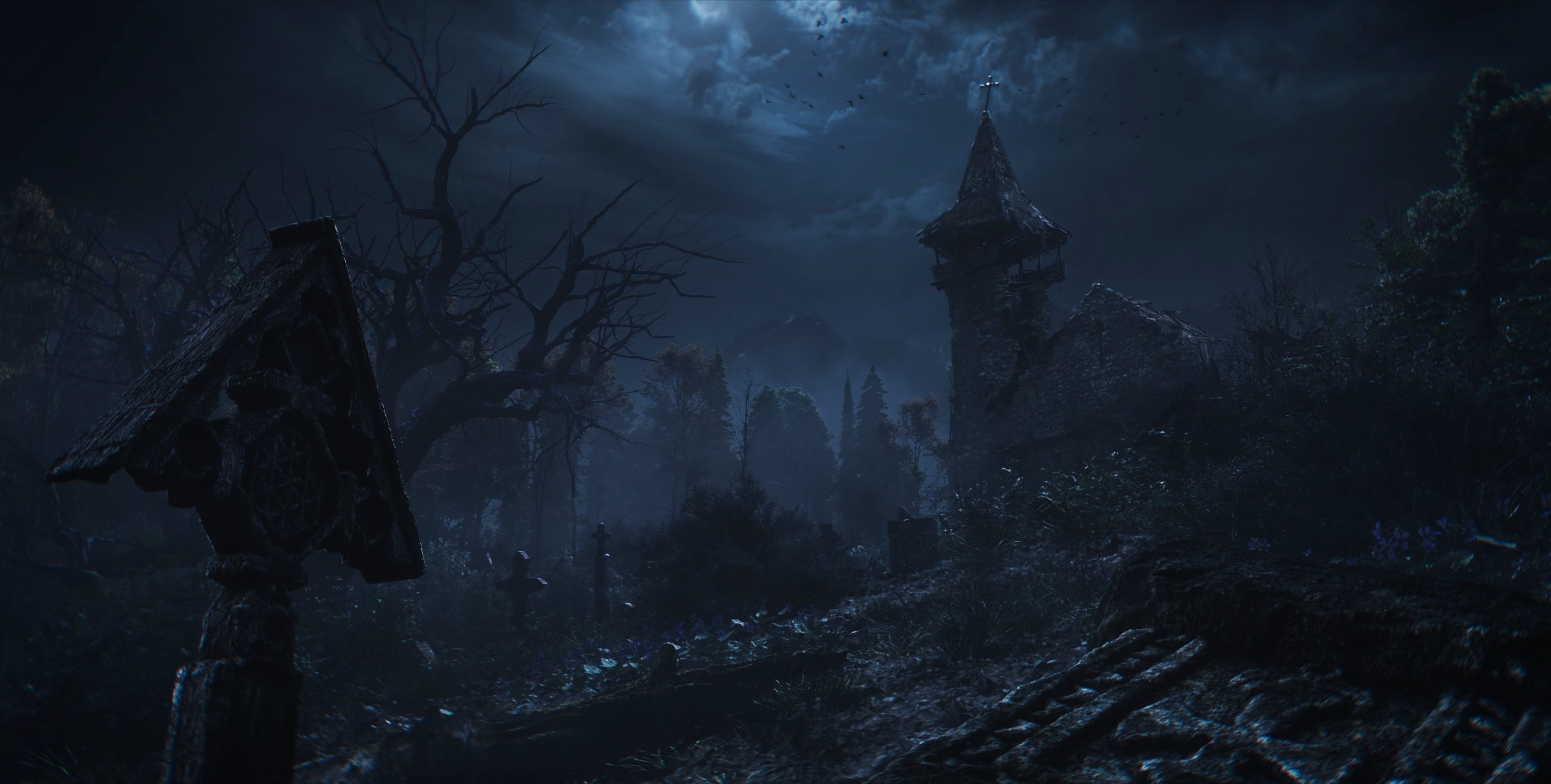 Dark Graveyard and Church in Resident Evil Village HD Wallpaper