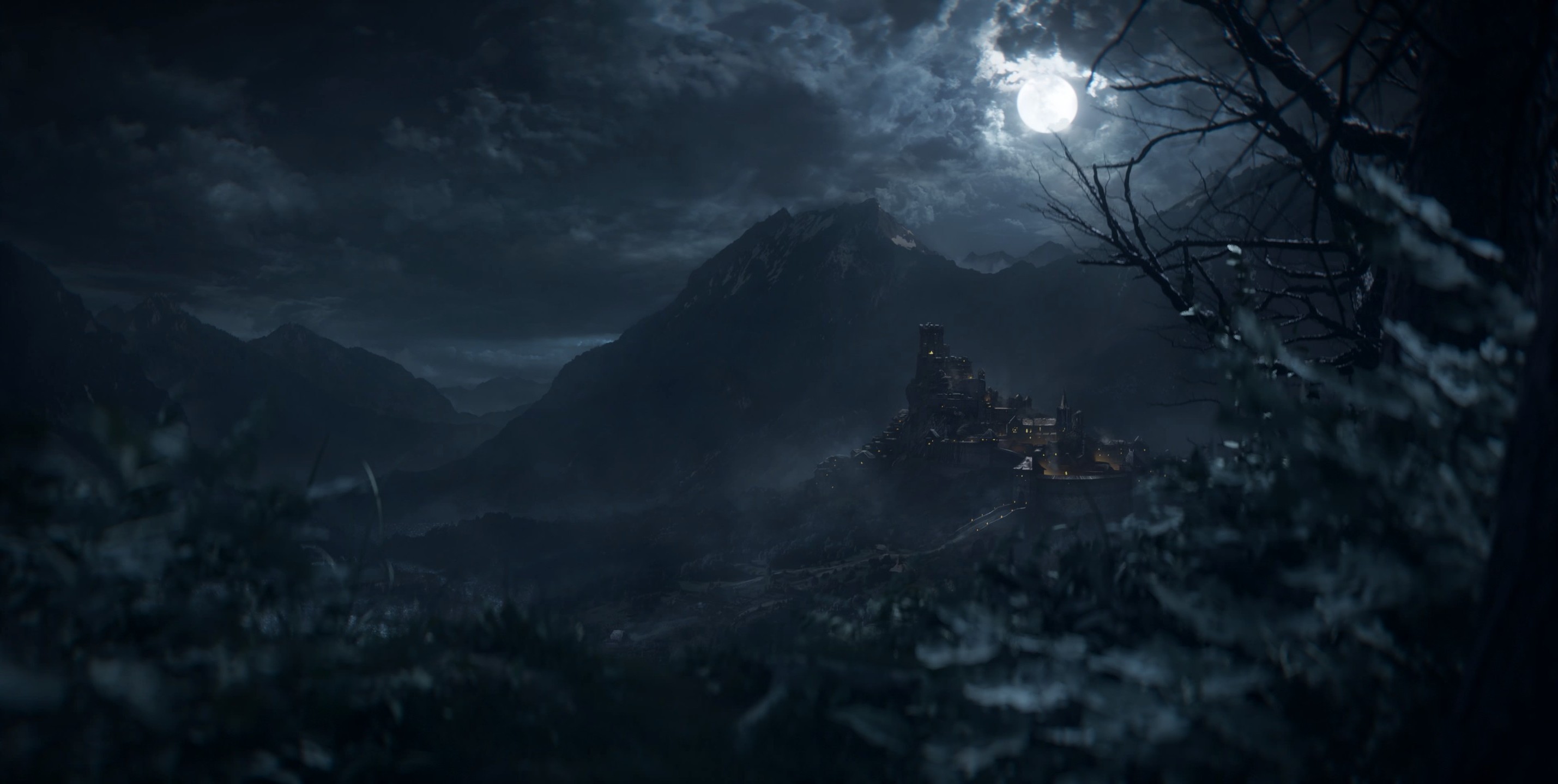 Medieval castle in the mountains under a full moon HD Wallpaper