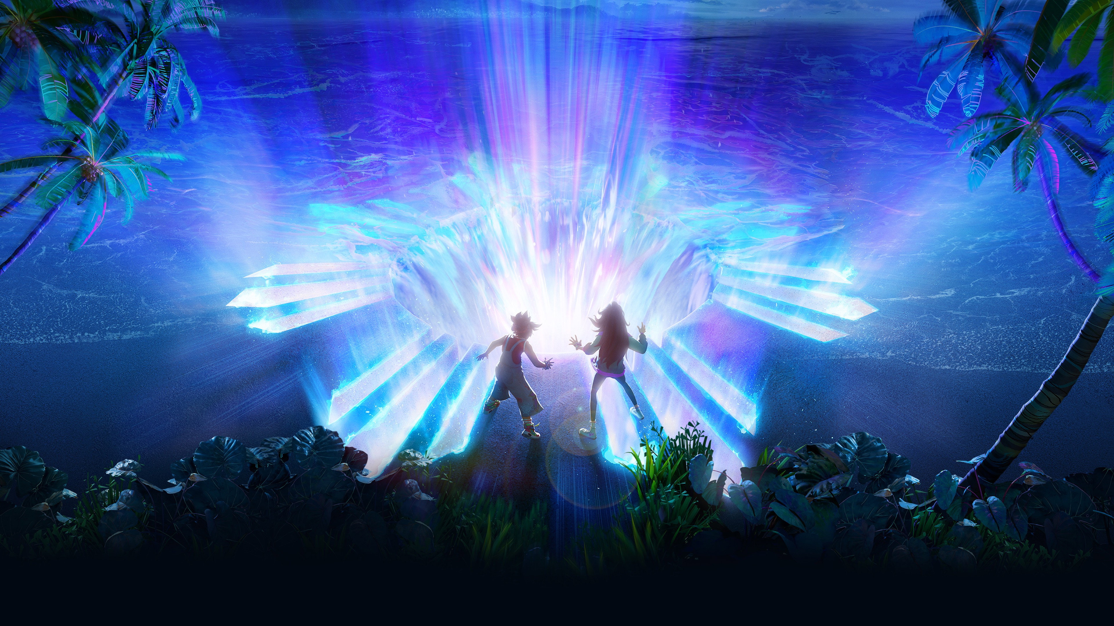 Two kids looking at a glowing portal in Forgotten Island HD Wallpaper