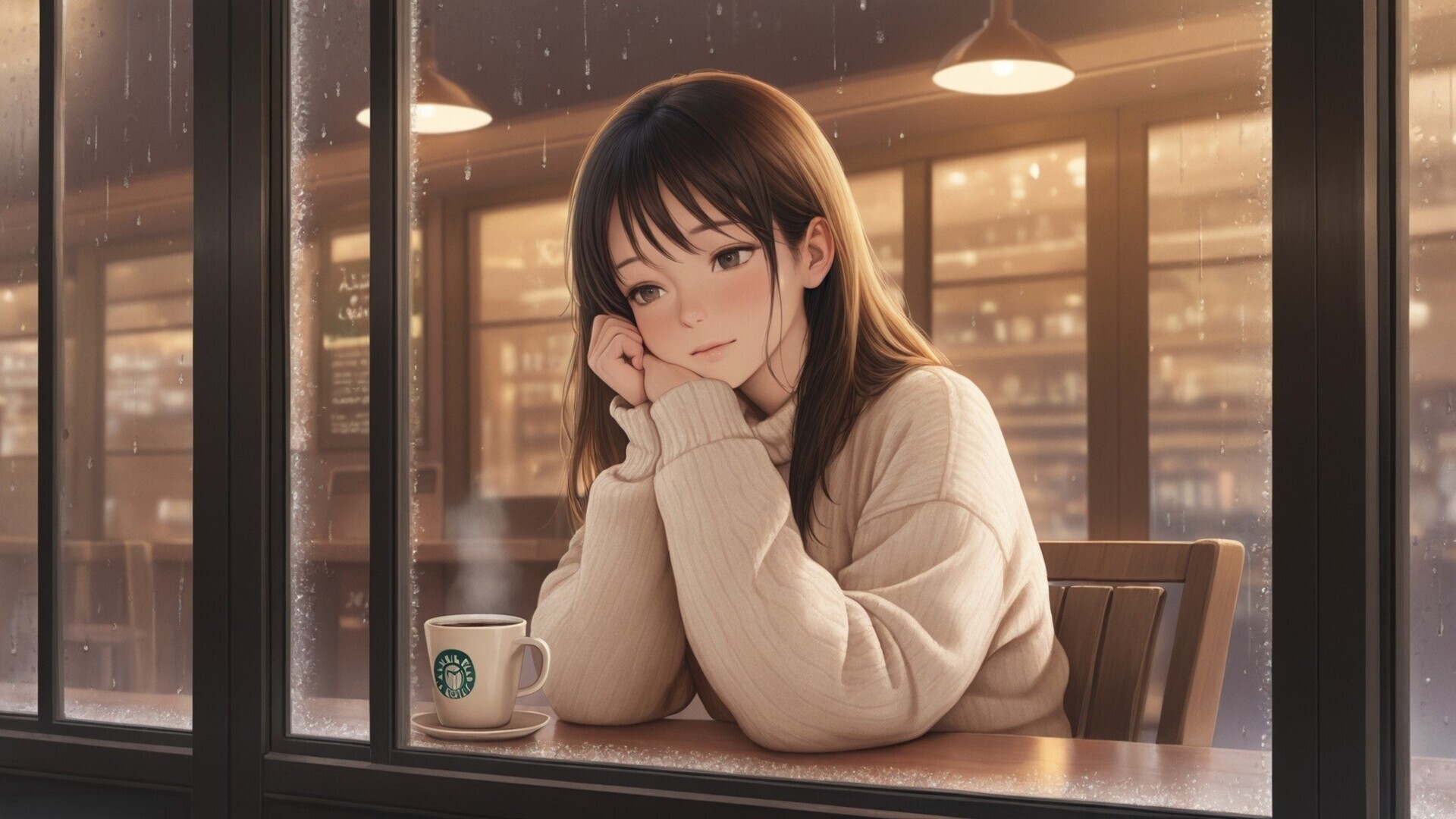 Anime girl in a cozy cafe from Rainy Waifu HD Wallpaper