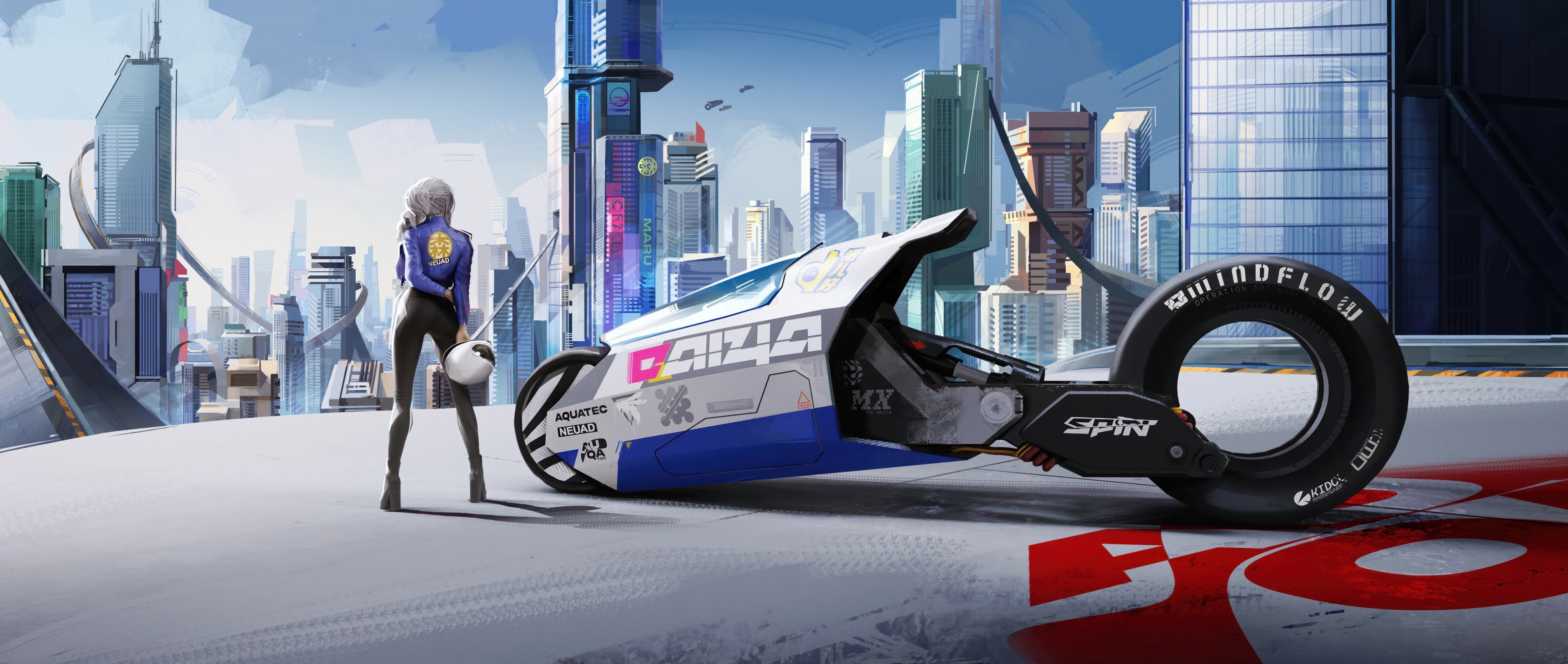 Futuristic Gaiza Motorcycle and Rider in Sci-Fi City HD Wallpaper