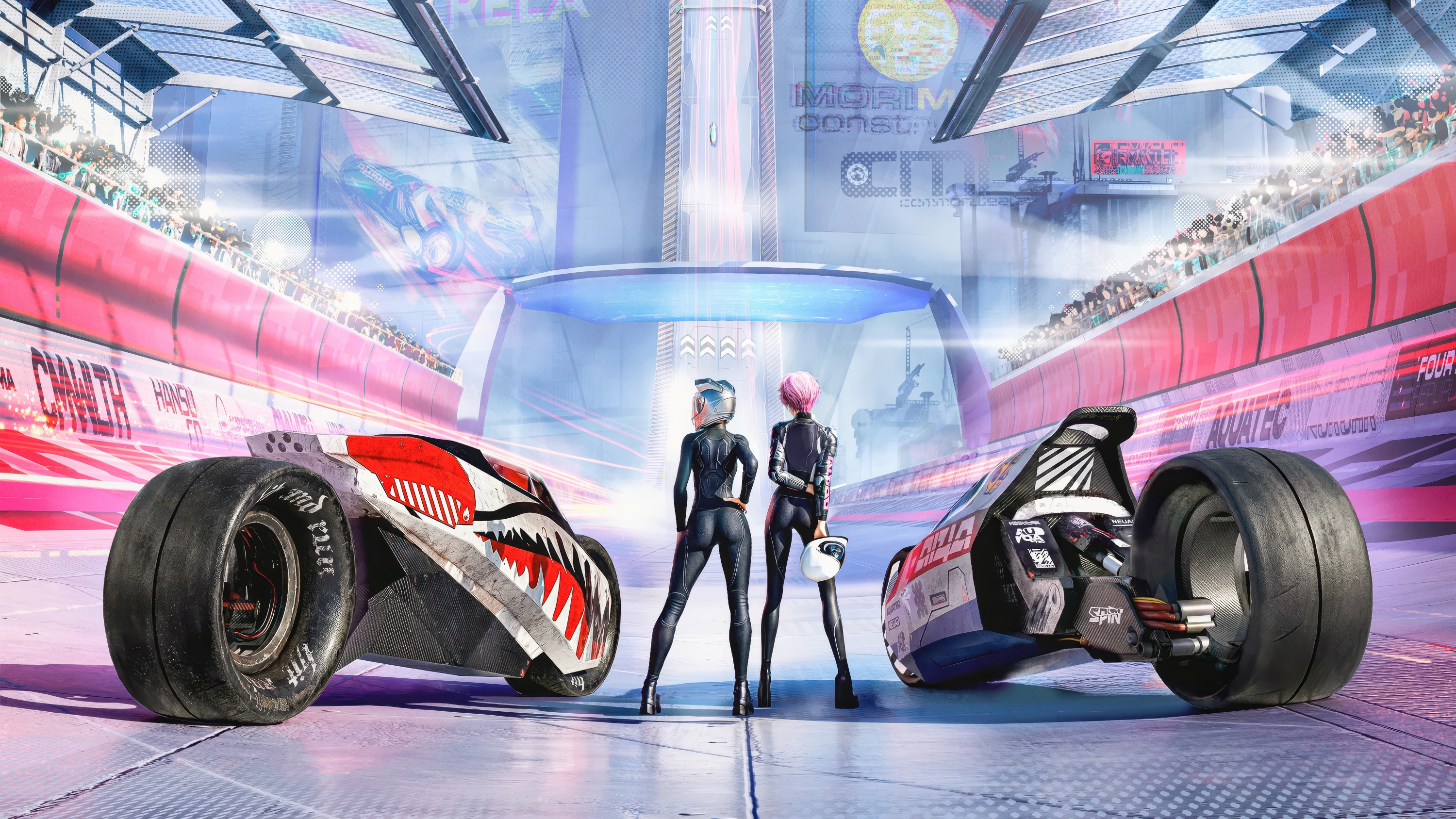 Futuristic female racers with sci-fi racing vehicles HD Wallpaper