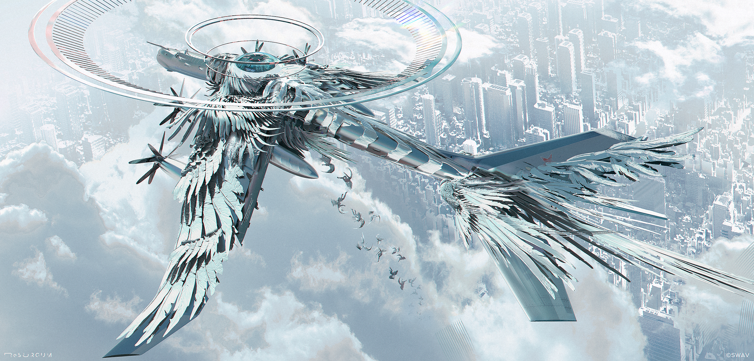 Futuristic Angelic Aircraft Flying Over a City HD Wallpaper