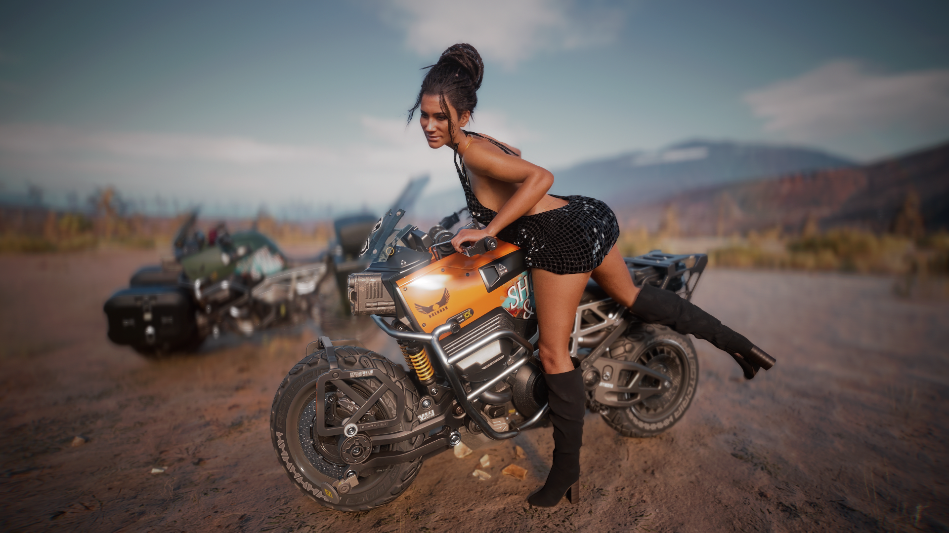 Panam Palmer posing on a motorcycle in Cyberpunk 2077 HD Wallpaper
