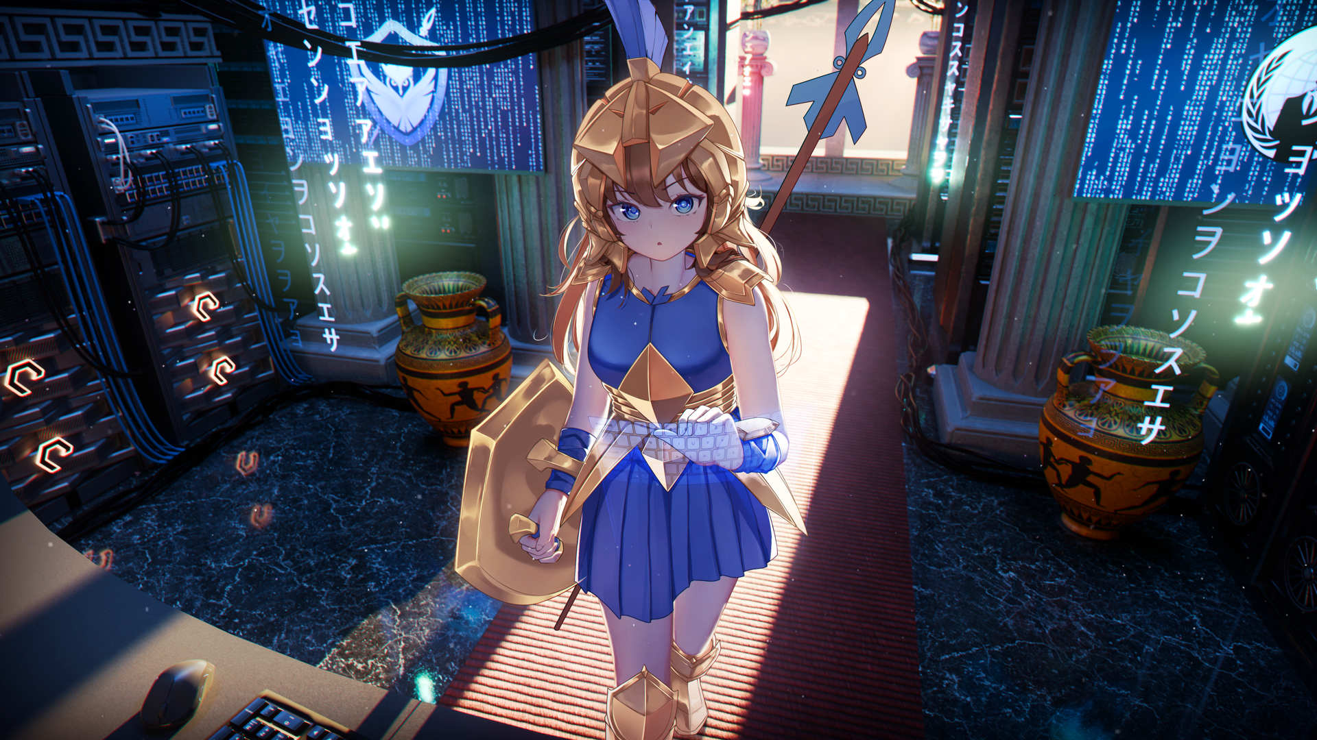 Anime Athena Warrior in Cyberpunk Server Room HD Wallpaper