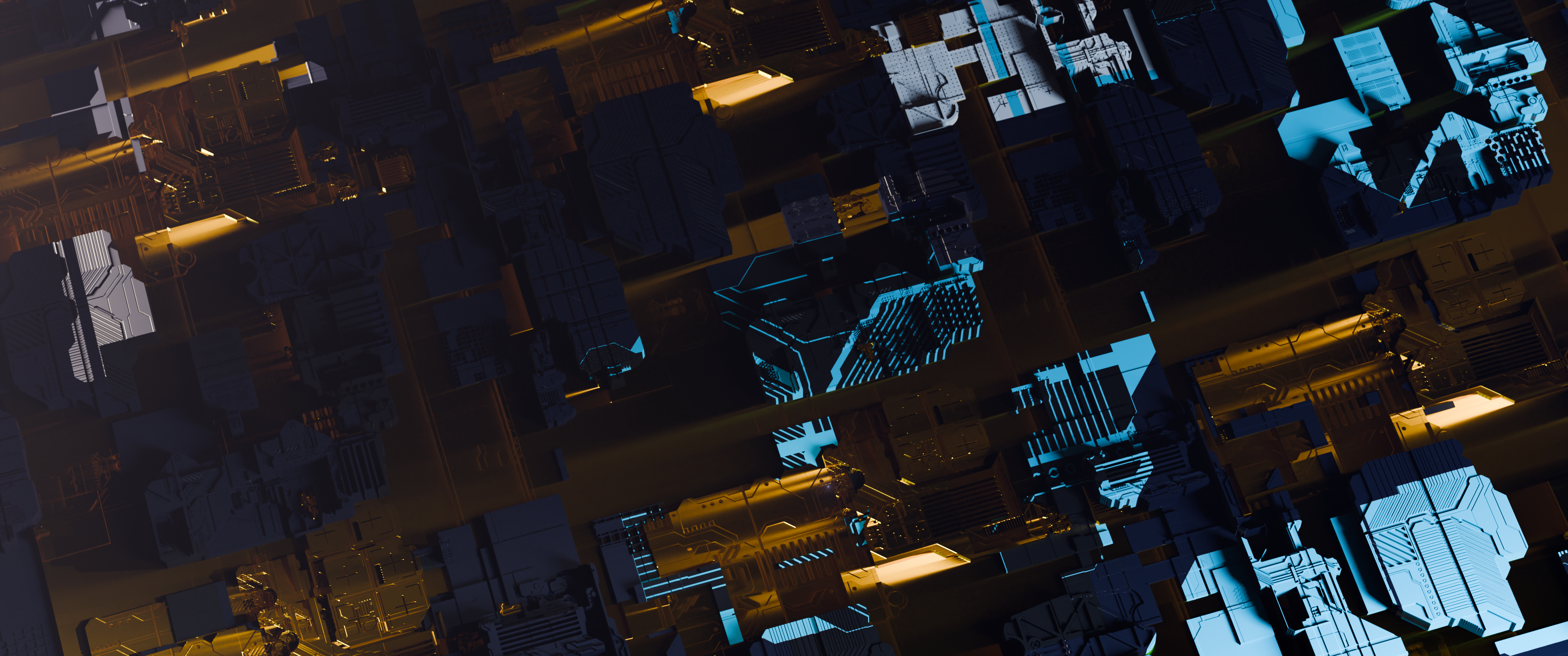 Futuristic Sci-Fi Megastructure with Blue and Gold Lights HD Wallpaper
