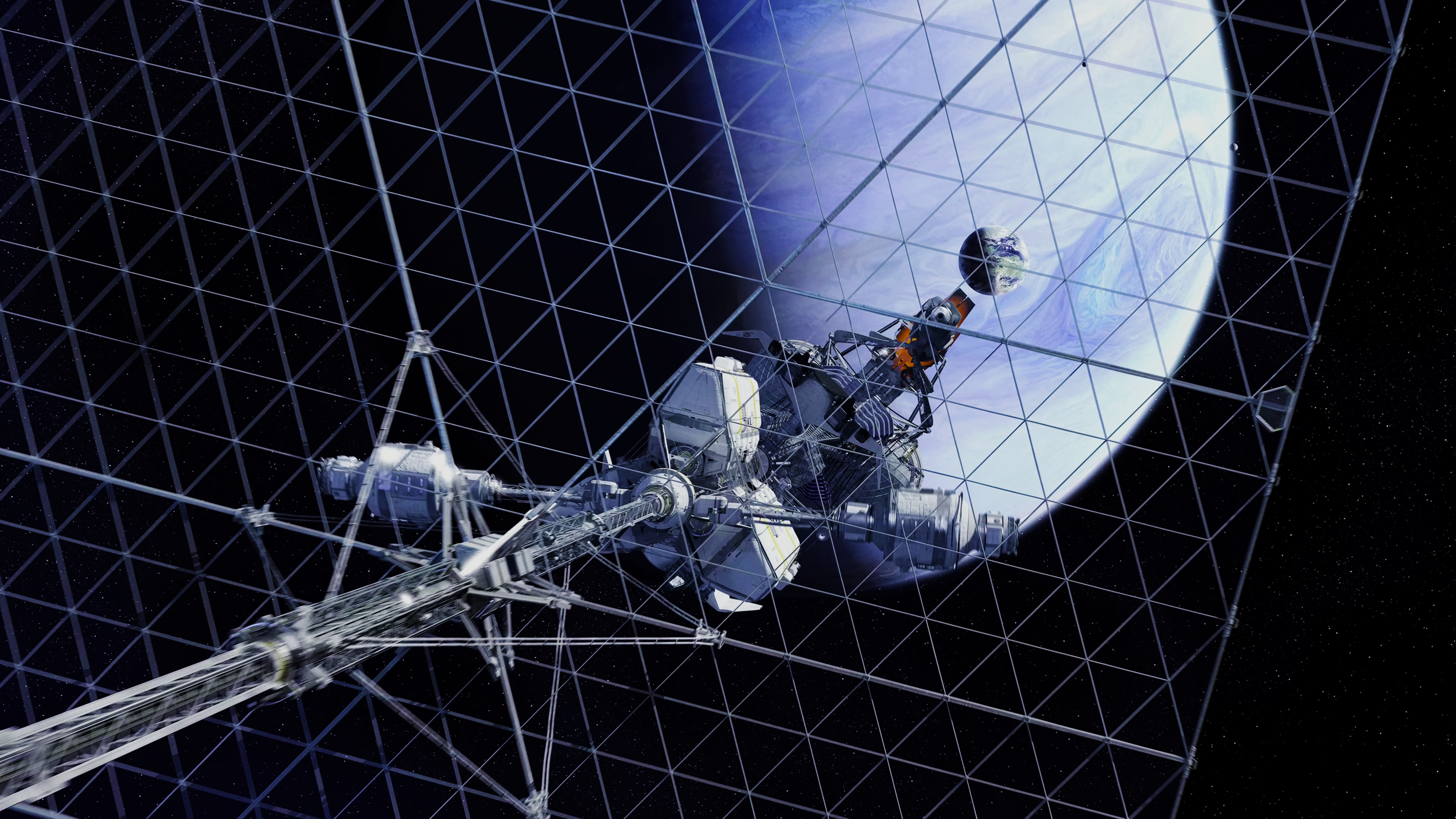 Futuristic Space Station with Geodesic Grid and Planets HD Wallpaper