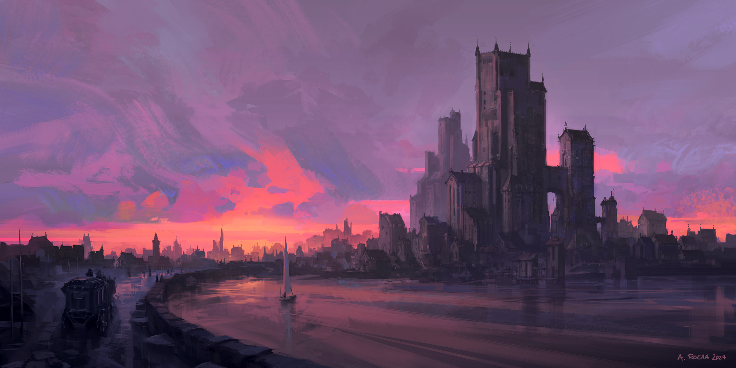 Gothic fantasy city by the river at sunset HD Wallpaper